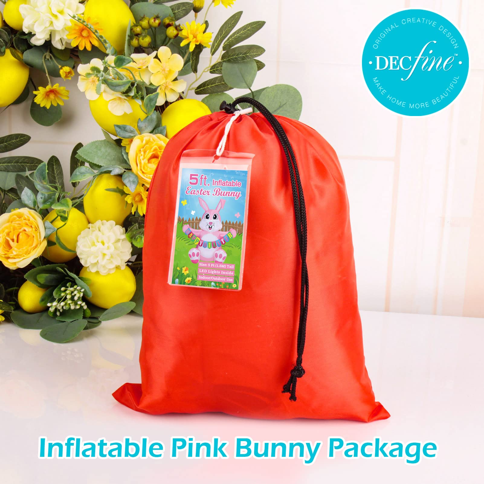 5FT Lighted Inflatable Pink Easter Bunny with Happy Easter Banner - Outdoor Yard Decoration with Built-in Blower & Anchor Ropes - Perfect for Easter Party, Garden Decor, Spring Festival, and Holiday Celebrations (04-Pink Bunny)