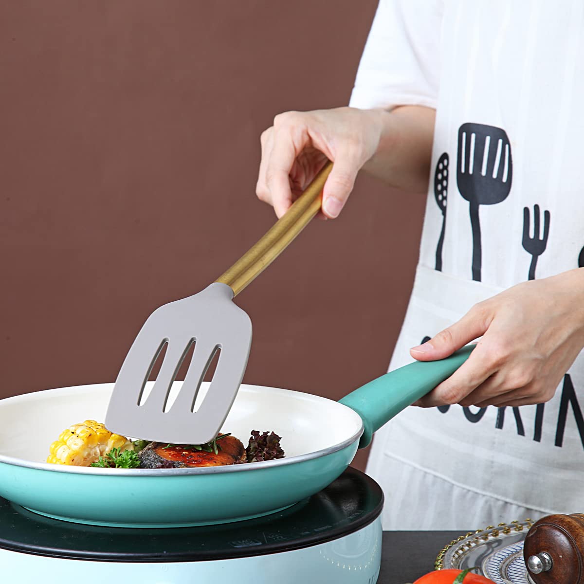 Premium Gold Plated Non-Stick Silicone Slotted Turner - Berglander Titanium Handle Cooking Spatula for Kitchen & BBQ | Dishwasher Safe & Easy to Clean | Perfect for Flipping Pancakes, Burgers & Grilling