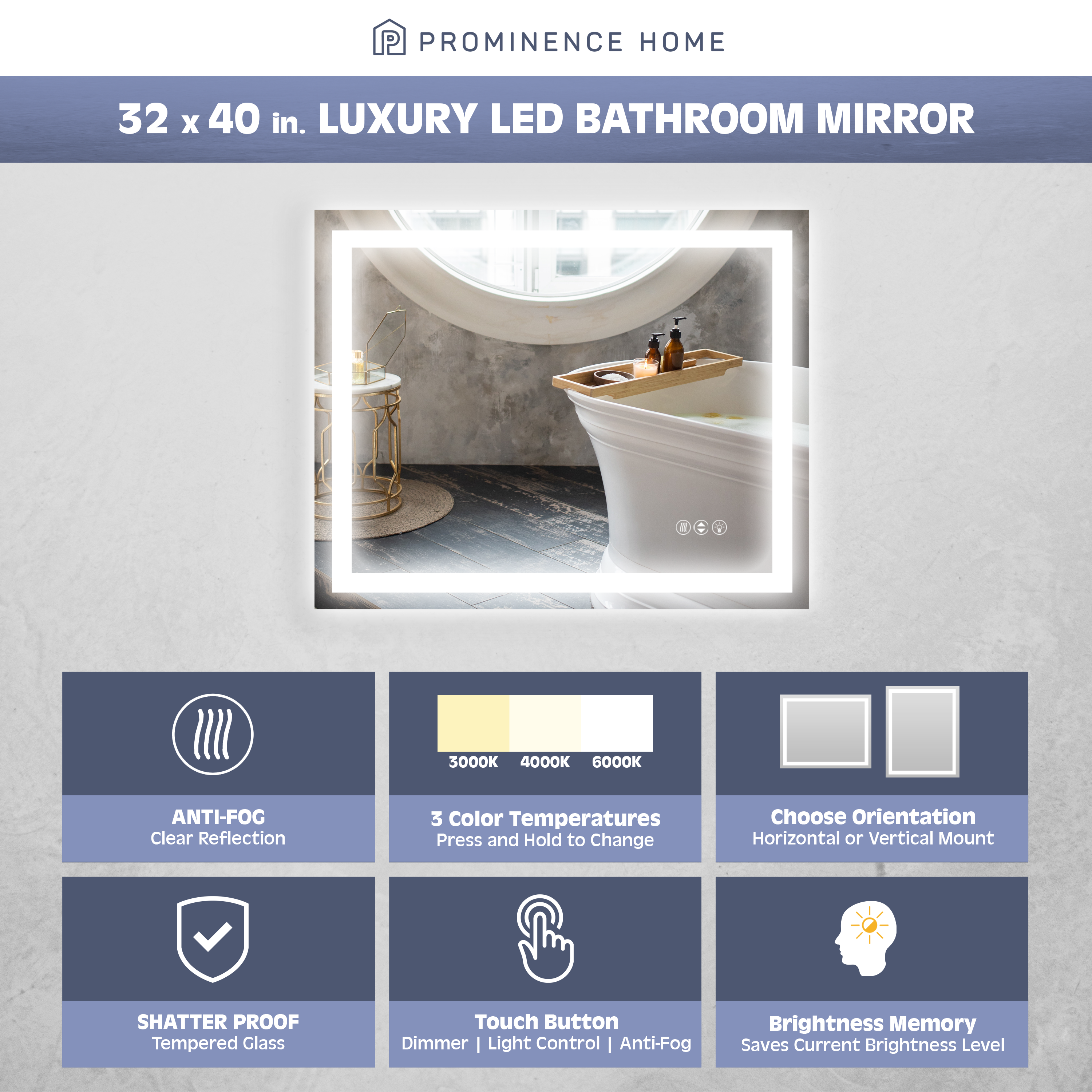 Premium LED Bathroom Mirror with Anti-Fog & Shatterproof Design - 40x32 Inch Adjustable Front & Back Lighting for Makeup, Shaving & Vanity - Perfect for Modern Bathrooms & Bedrooms