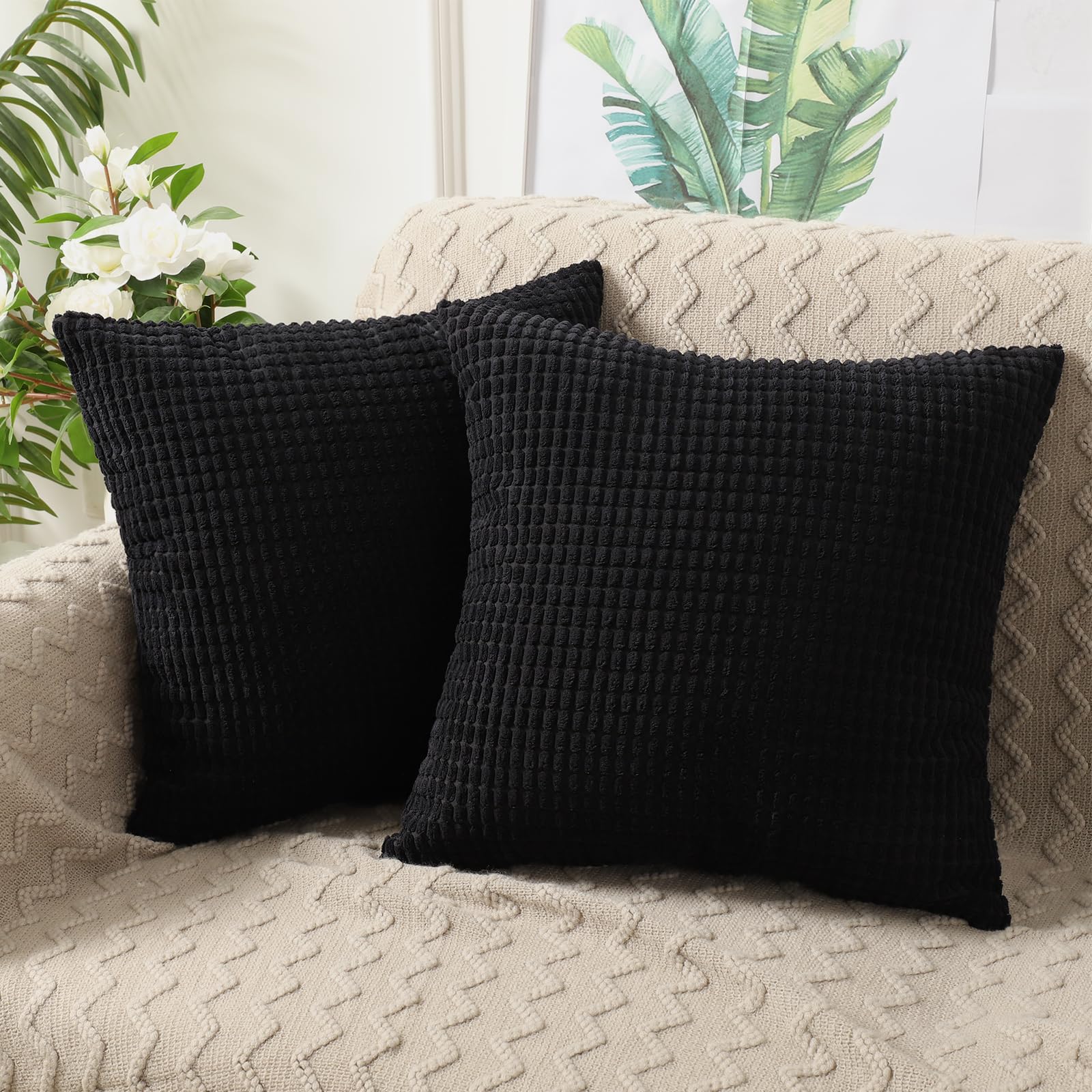BeBen 22x22 Inch Corduroy Throw Pillow Covers Set of 2 - Soft Square Decorative Cushion Cases for Couch, Sofa, Bed, Bedroom & Car - Black Home Decor (Perfect for Living Room Accents & Cozy Interior Styling)
