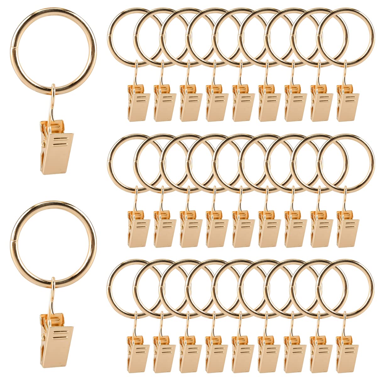 30PCS Gold Metal Curtain Rings with Eyelet - 1.5 Inch Decorative Drapery Hooks for Window Treatments, Bathroom & Kitchen Curtains - Durable Curtain Rod Clips for Easy Hanging & Stylish Home Decor