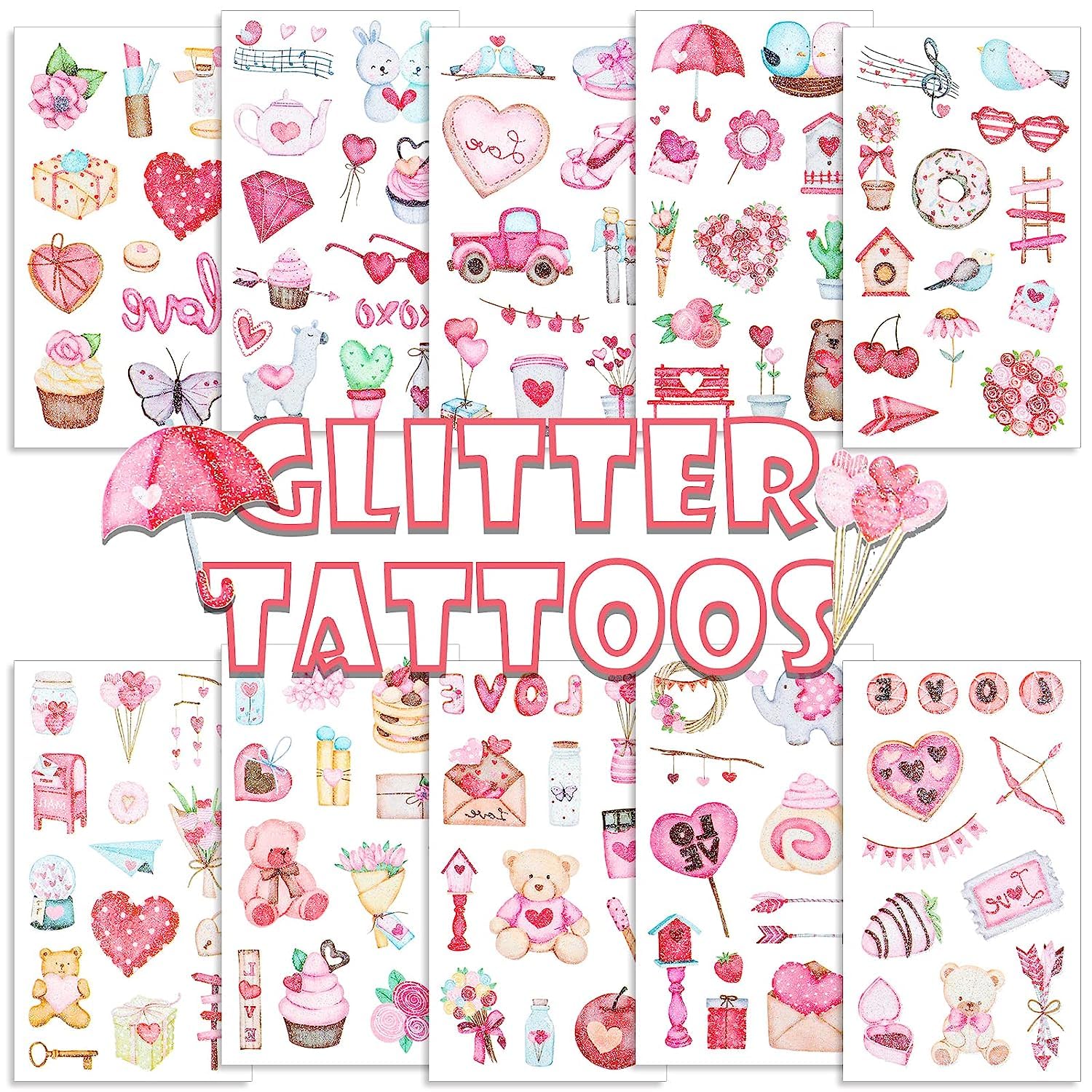 10PCS Valentine's Day Temporary Tattoos - Glitter Heart, Cupid Arrow, Dessert & Flower Designs | Waterproof Fake Tattoos for Kids & Adults | 12x6.8CM Size | Perfect for Parties, Weddings & Romantic Events