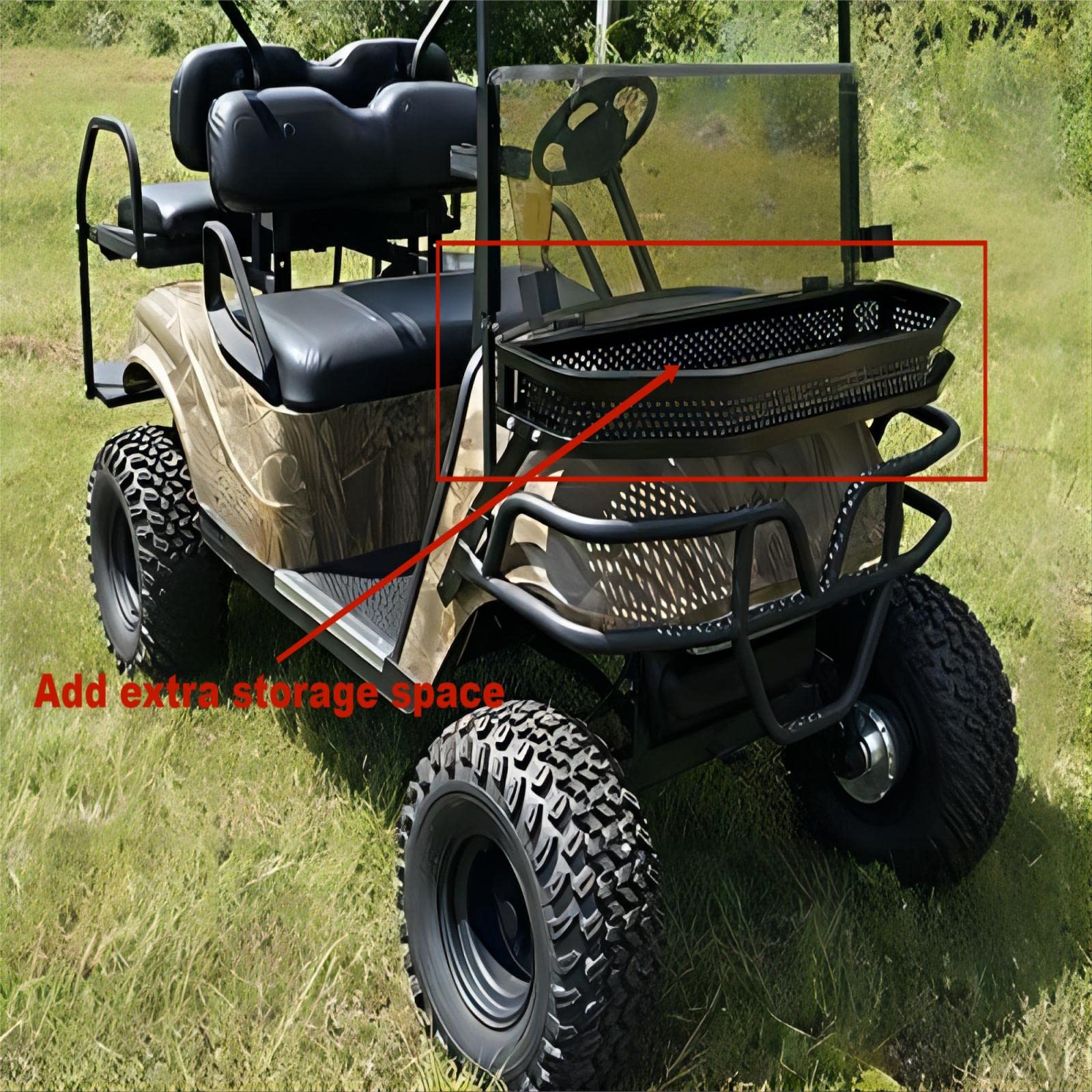ROADFAR EZGO RXV Front Golf Cart Basket - Heavy Duty Steel Utility Storage Basket for Golf Carts - Extra Cargo Space - Black - Perfect for Golf Gear, Groceries & Outdoor Accessories