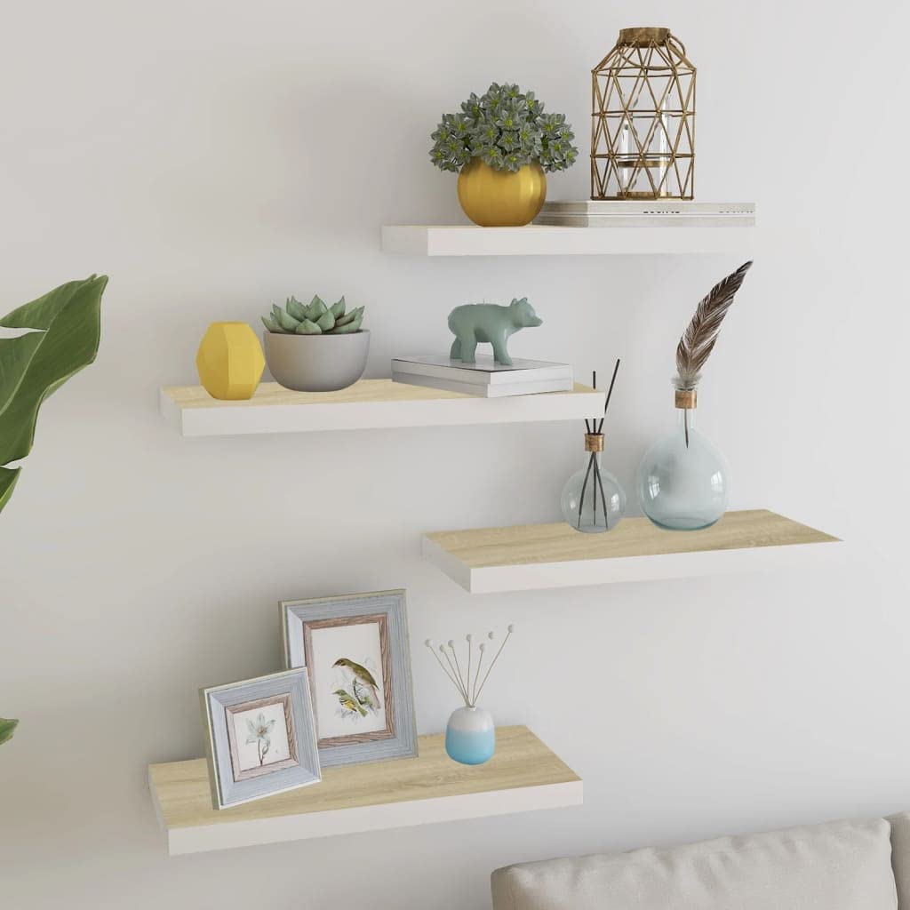 Floating Shelves Wall Mount - Set of 4 Oak & White MDF Shelves 23.6x9.3x1.5 Inches - Multi-Functional Display & Storage Shelves for Bedroom, Living Room, Bathroom, Kitchen, Office - Perfect for Books, Decor, Plants & Organizing Small Items