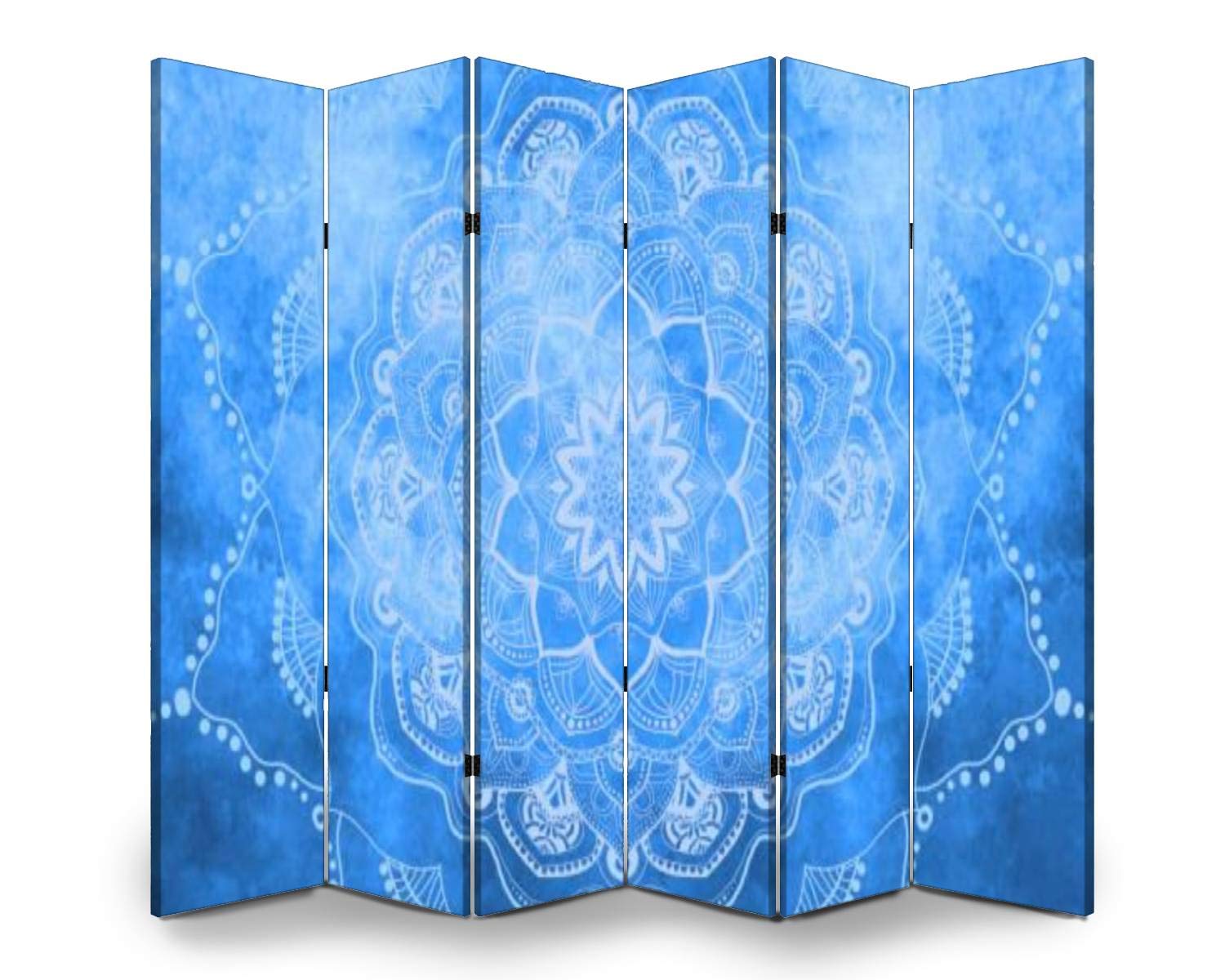 Hand-Painted Blue Watercolor Mandala Wood Screen Room Divider - 6-Panel Folding Privacy Partition with Dual-Sided Design for Home Decor, Yoga Studio & Meditation Space