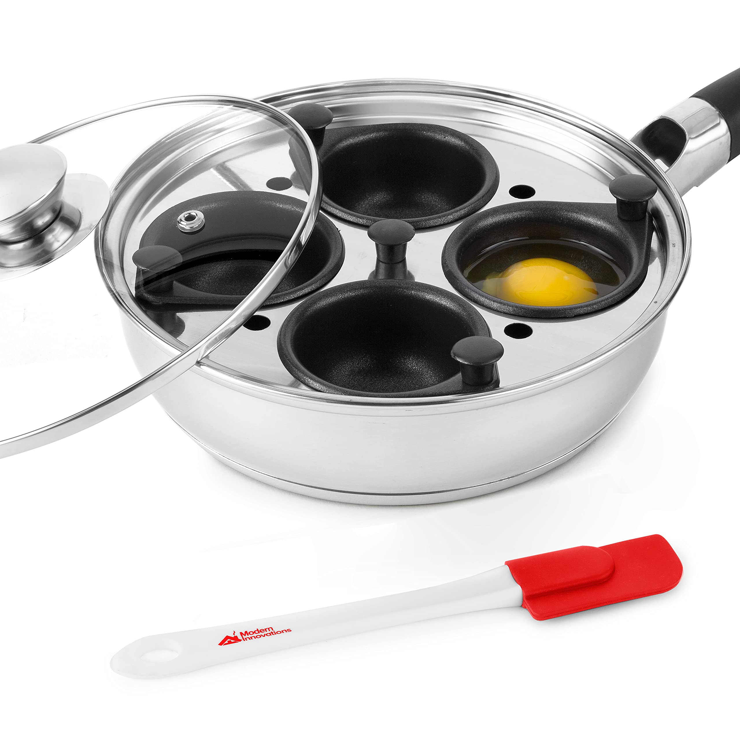 Modern Nonstick Egg Poacher Pan with Silicone Spatula - Stainless Steel Poached Egg Maker for Perfect Eggs Benedict | Easy Breakfast Cooking Tool for Home & Restaurant Use