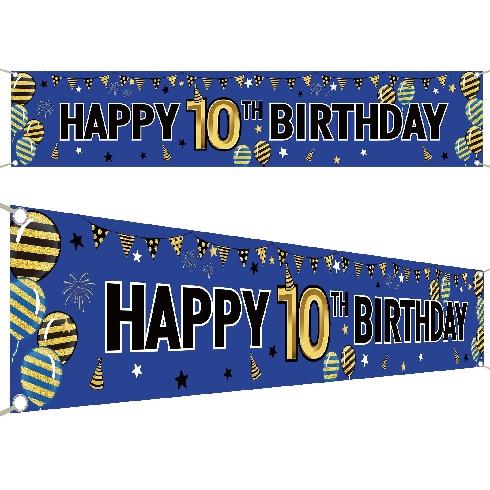 Large Happy Birthday Banner for Boys - Blue Black Gold Outdoor Yard Sign, Backdrop & Party Decor (9.8x1.6ft) - Perfect for 10th Birthday Celebrations, Outdoor Parties & Photo Booths