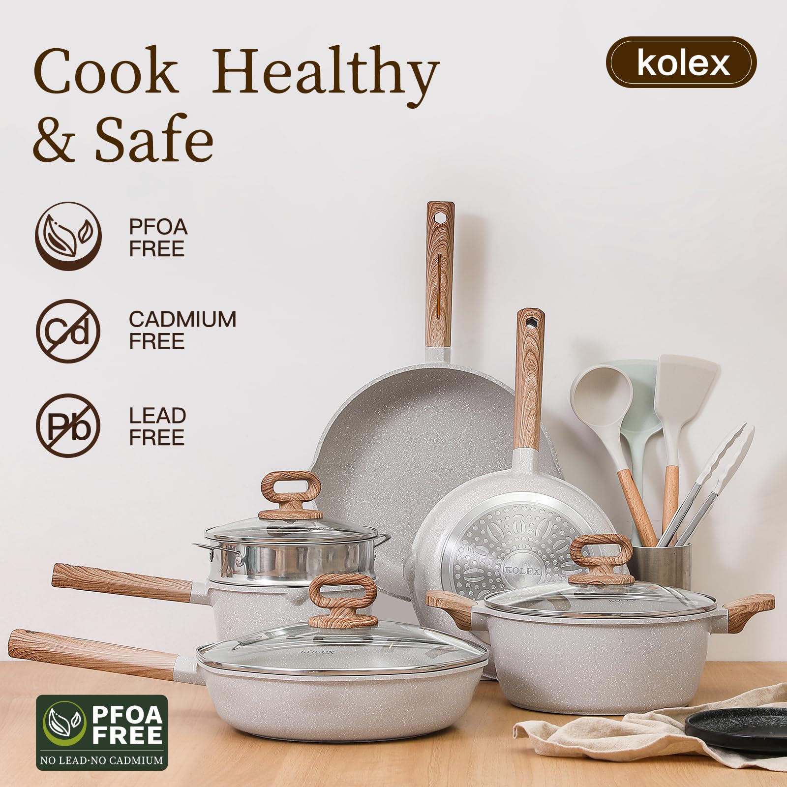 KOLEX 13-Piece Nonstick Cookware Set - White Granite Induction Pots and Pans Set with Frying Pans & Saucepans, PFOA & PFOS Free - Perfect for Home Cooking, Meal Prep & Professional Kitchens