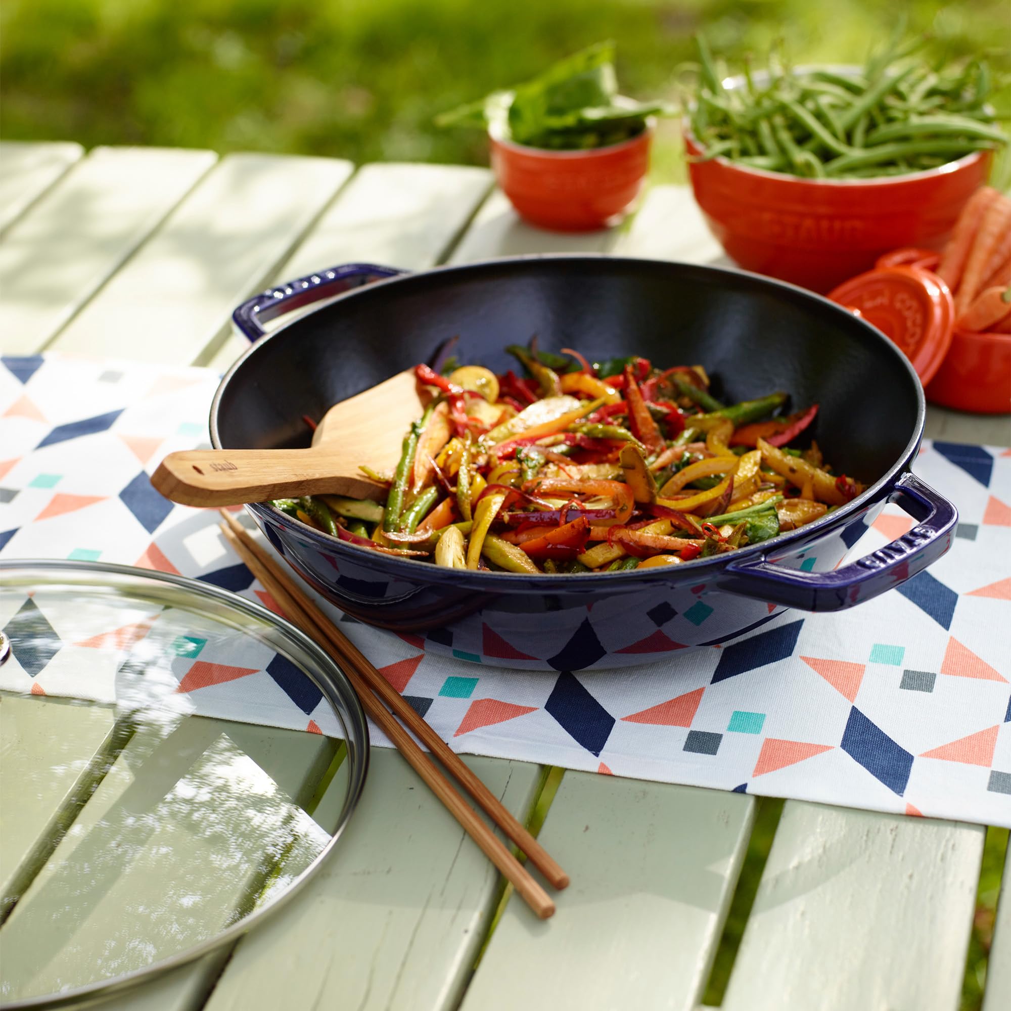 Premium Staub Cast Iron 4.5-Quart Dutch Oven & Wok Pan Set - French-Made Enameled Cookware for 4-5 People - Dark Blue Ceramic Coating - Perfect for Braising, Stewing & Family Cooking