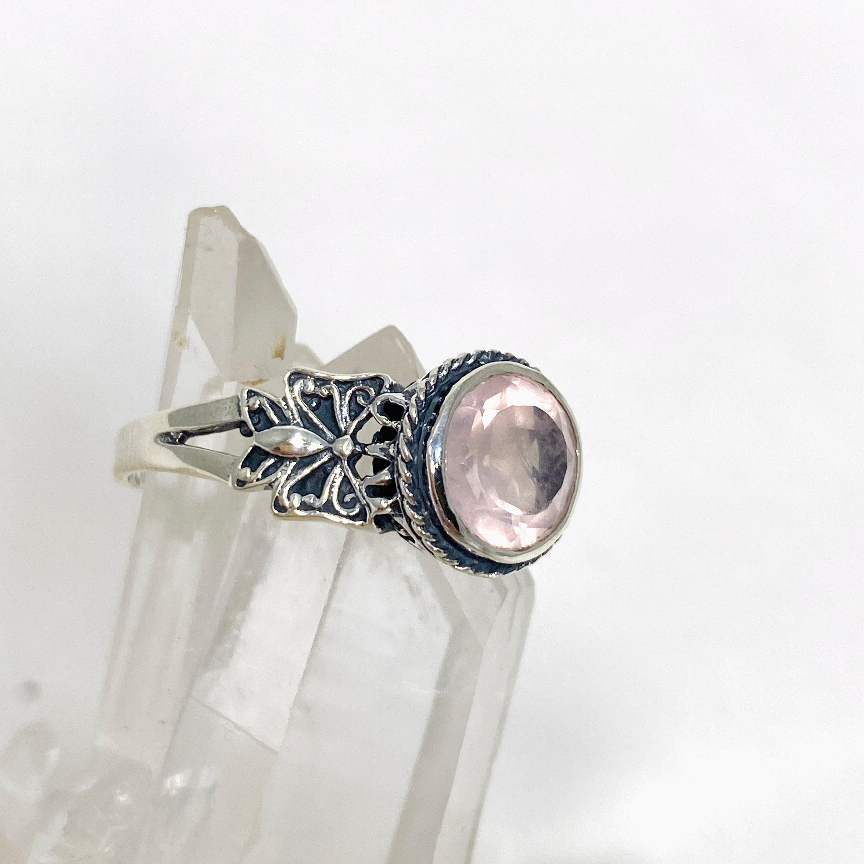 Rose Quartz Faceted Round Ring in Decorative Setting R3671 - Elegant Healing Crystal Jewelry for Women, Perfect for Meditation, Gifts & Spiritual Healing