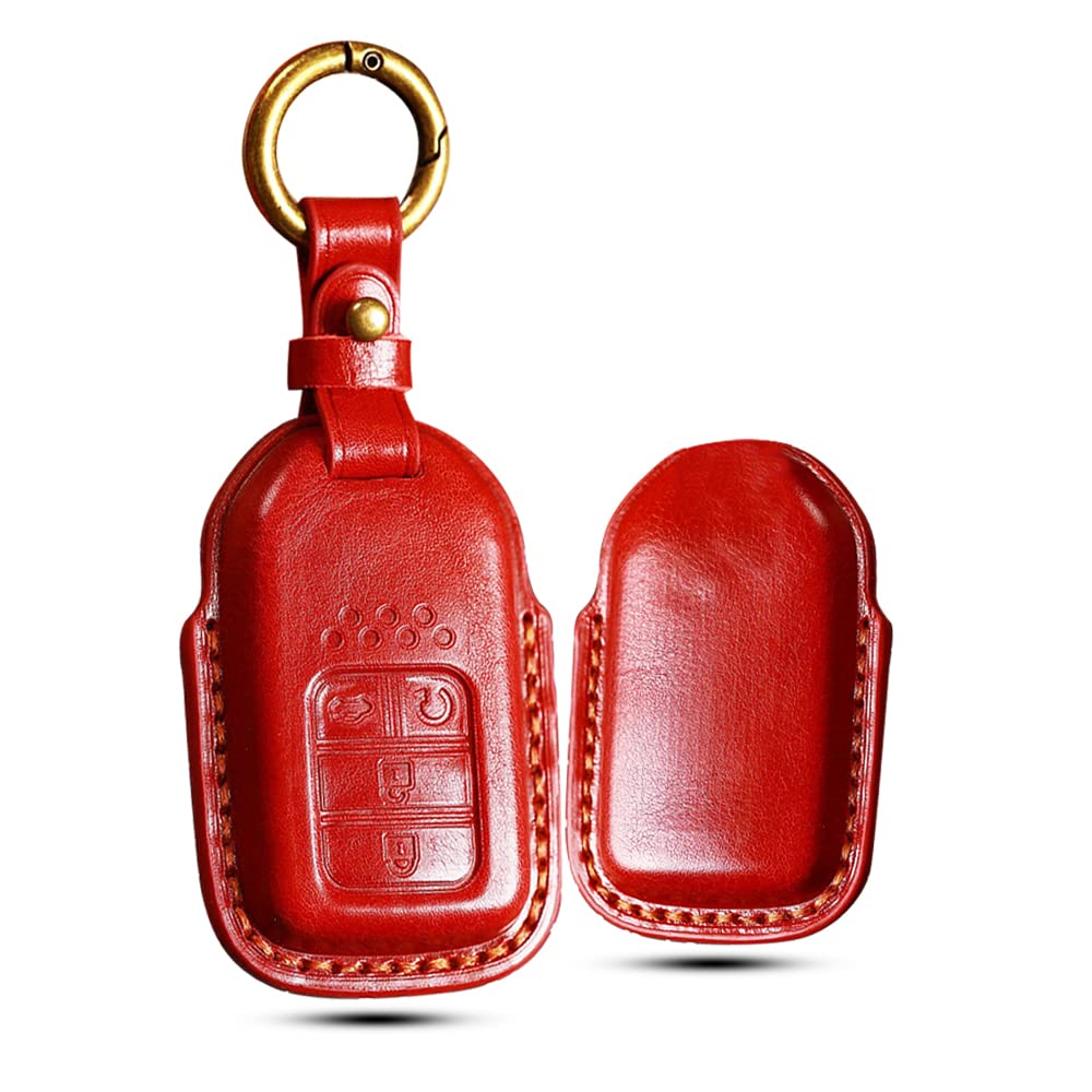 HIBEYO Genuine Leather Key Case Cover for Honda Accord Civic CRV Pilot CR-Z - Smart Car Key Protector with Keychains (Red) - Perfect for Daily Use, Travel & Key Protection
