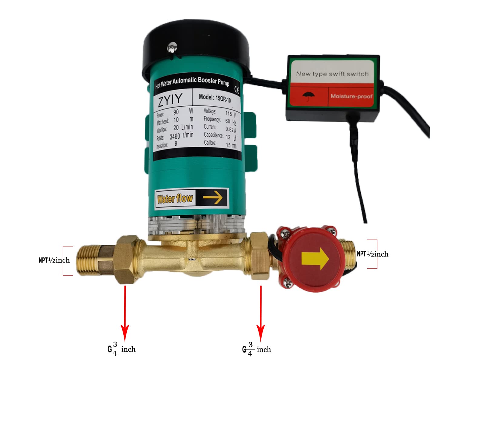 90W 115VAC Automatic Water Pressure Booster Pump 316GPH with Flow Switch - 3/4