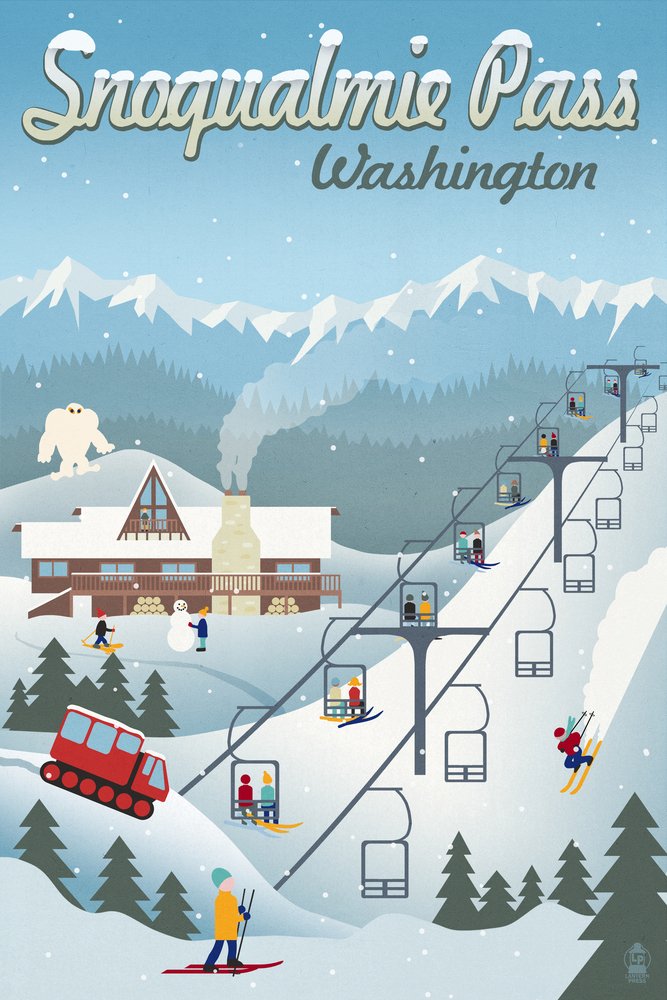 Vintage Snoqualmie Pass Washington Ski Resort Art Print - Signed 24x36 Wall Decor Poster for Ski Lodge, Cabin & Mountain Home Decor