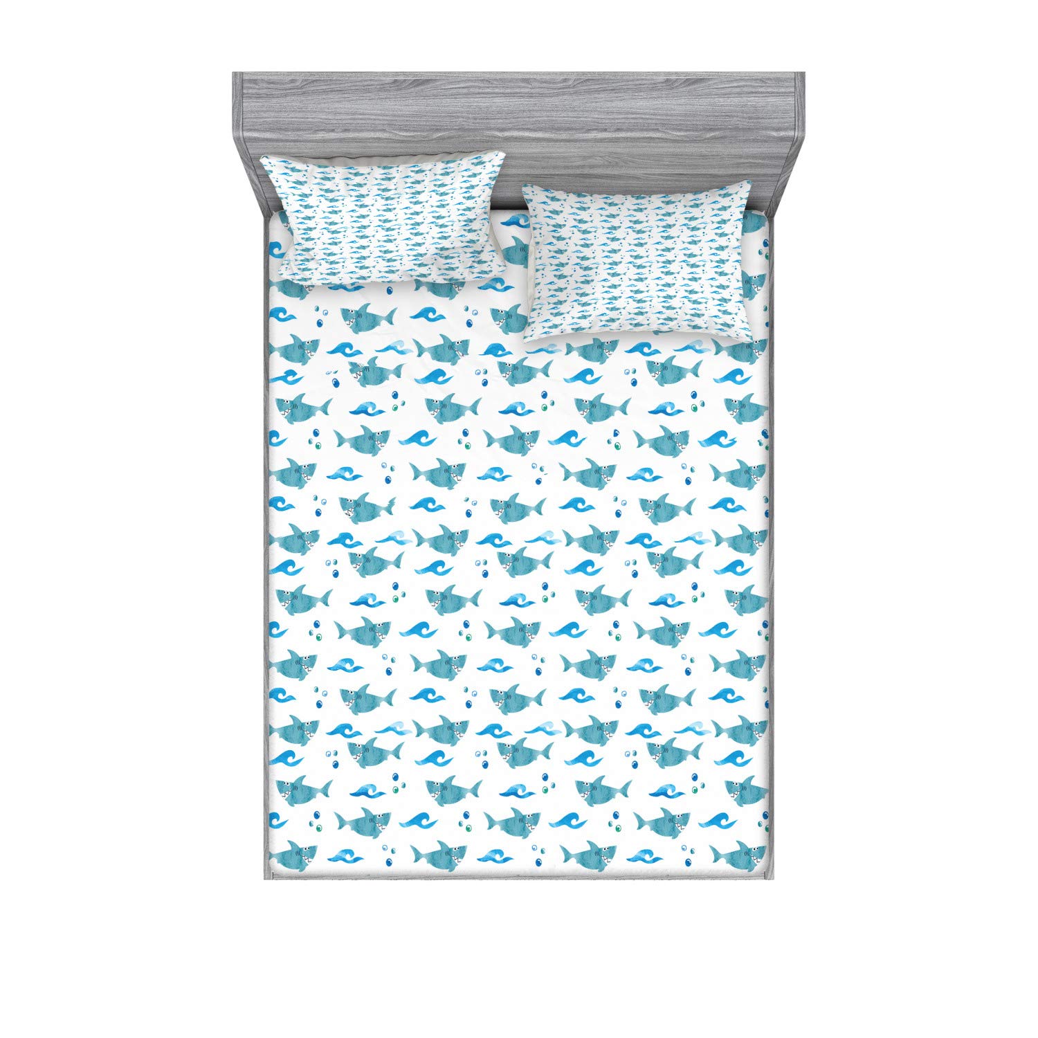 Ambesonne Shark Fitted Sheet & Pillow Sham Set - Watercolor Ocean Animals with Playful Expressions, Bubbles & Waves - 2-Piece Blue & White Bedding Set for Full Size Beds - Perfect for Kids' Rooms, Beach-Themed Decor & Shark Lovers