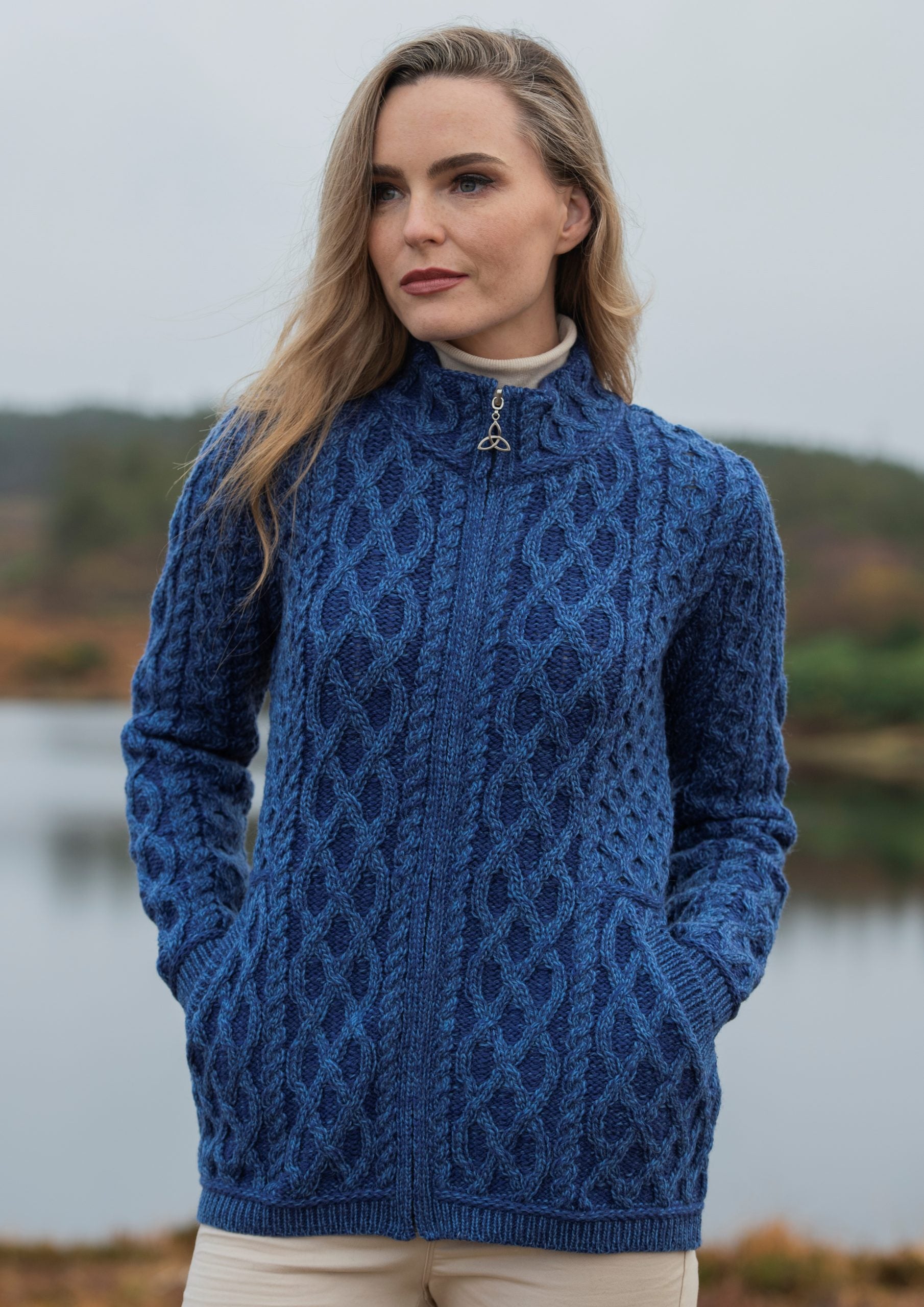 Aran Short Zip Cardigan Sweater for Women - Cozy Knit Pullover with Front Pockets [Beige, Navy] | Perfect for Fall Layering, Office Wear & Casual Outfits