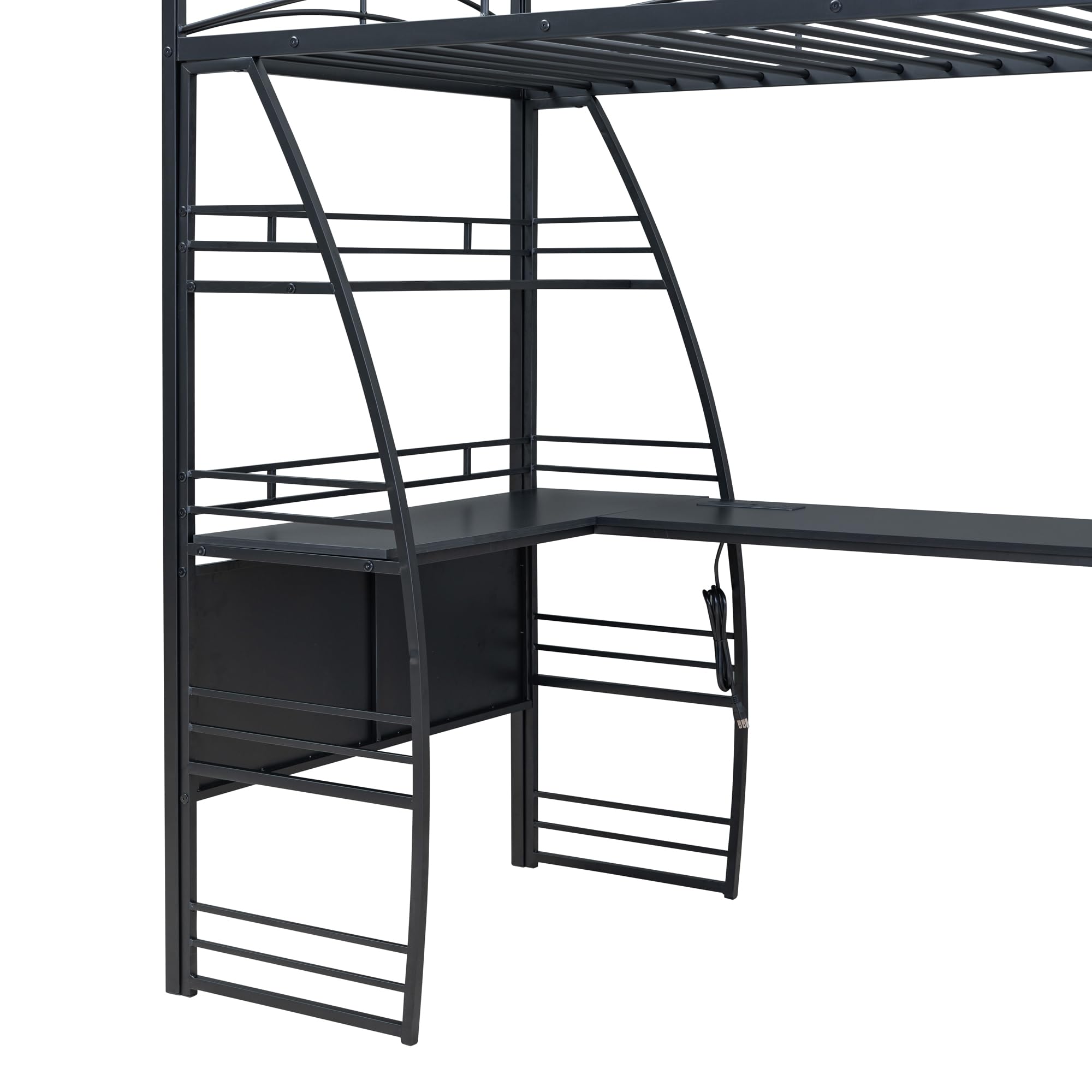 Harper & Bright Designs Twin Size Loft Bed with 4-Tier Shelves & L-Shaped Study Desk - Sturdy Metal Frame with Built-in USB Ports, Power Outlets & Wireless Charging - Space-Saving Black Loft Bed for Kids & Teens - Perfect for Small Bedrooms, Dorms & Studio Apartments