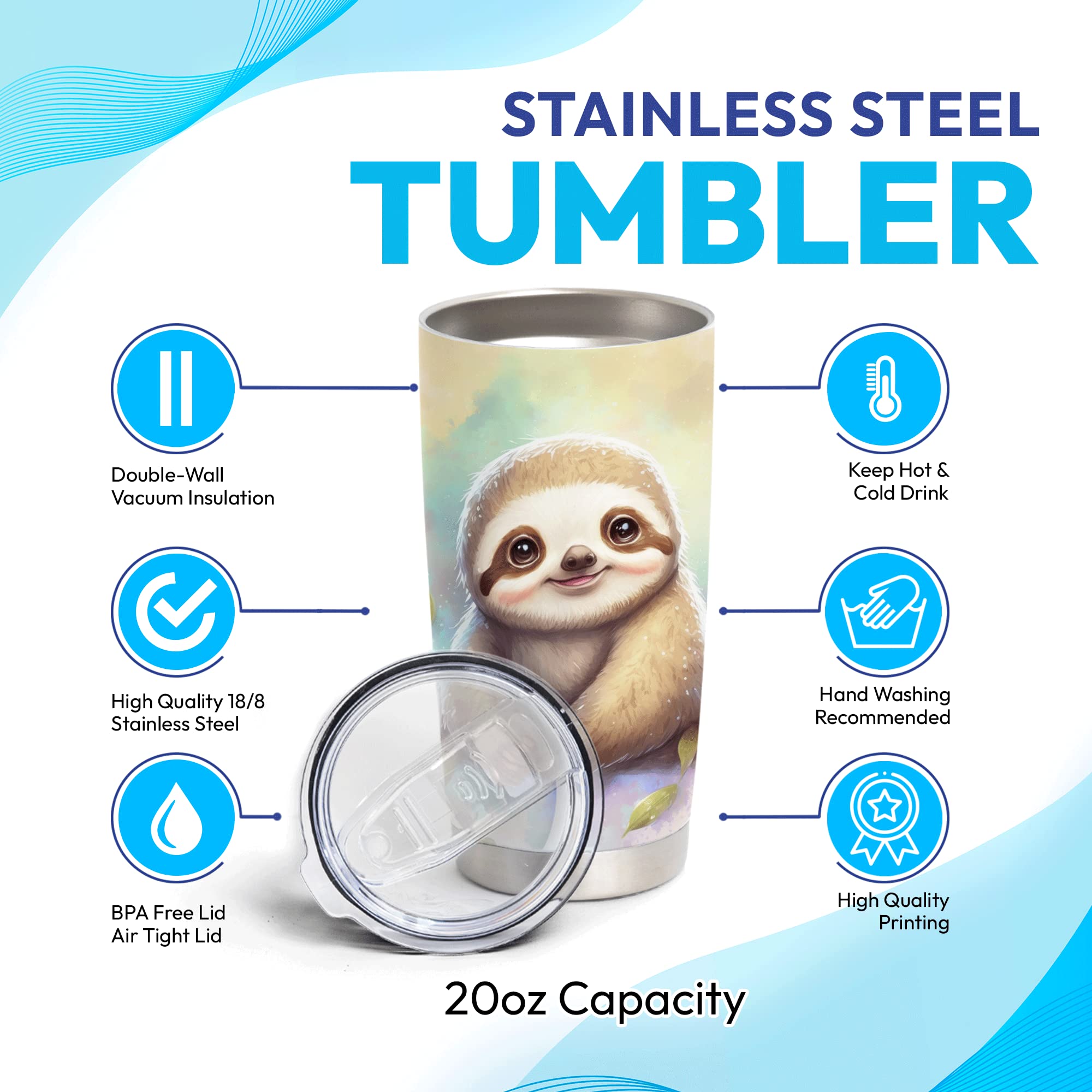 Personalized Sloth Stainless Steel Tumbler 20oz with Lid - Custom Name Gift for Sloth Lovers - Perfect Birthday & Christmas Present for Women & Girls - Great for Coffee, Tea & Office Use