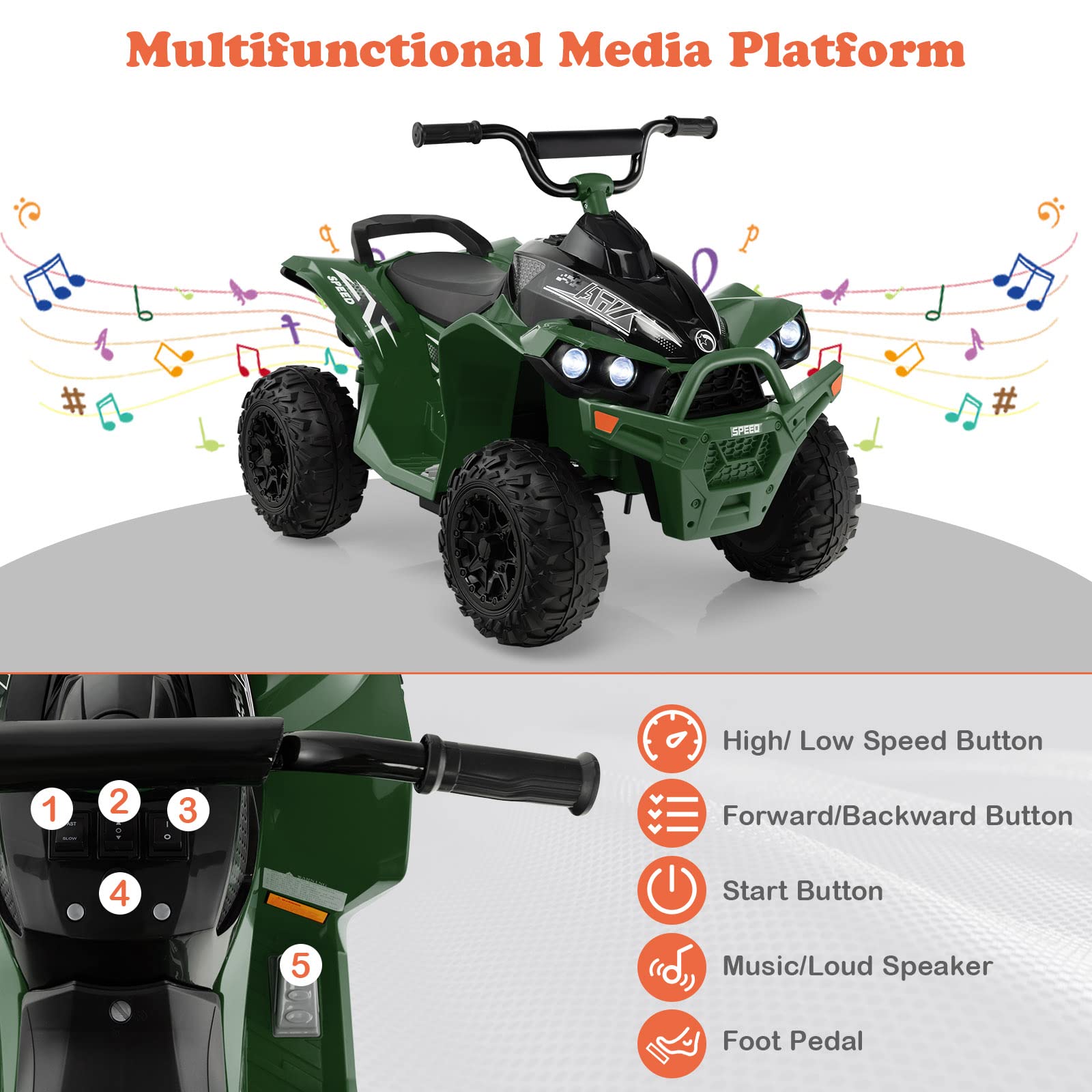 HONEY JOY 12V Kids Electric ATV Ride-On Car - Battery Powered 4 Wheeler with Tread Tires, Dual Speed, Horn & LED Lights - Perfect Gift for Boys & Girls (Green) | Outdoor Play & Backyard Adventure Vehicle