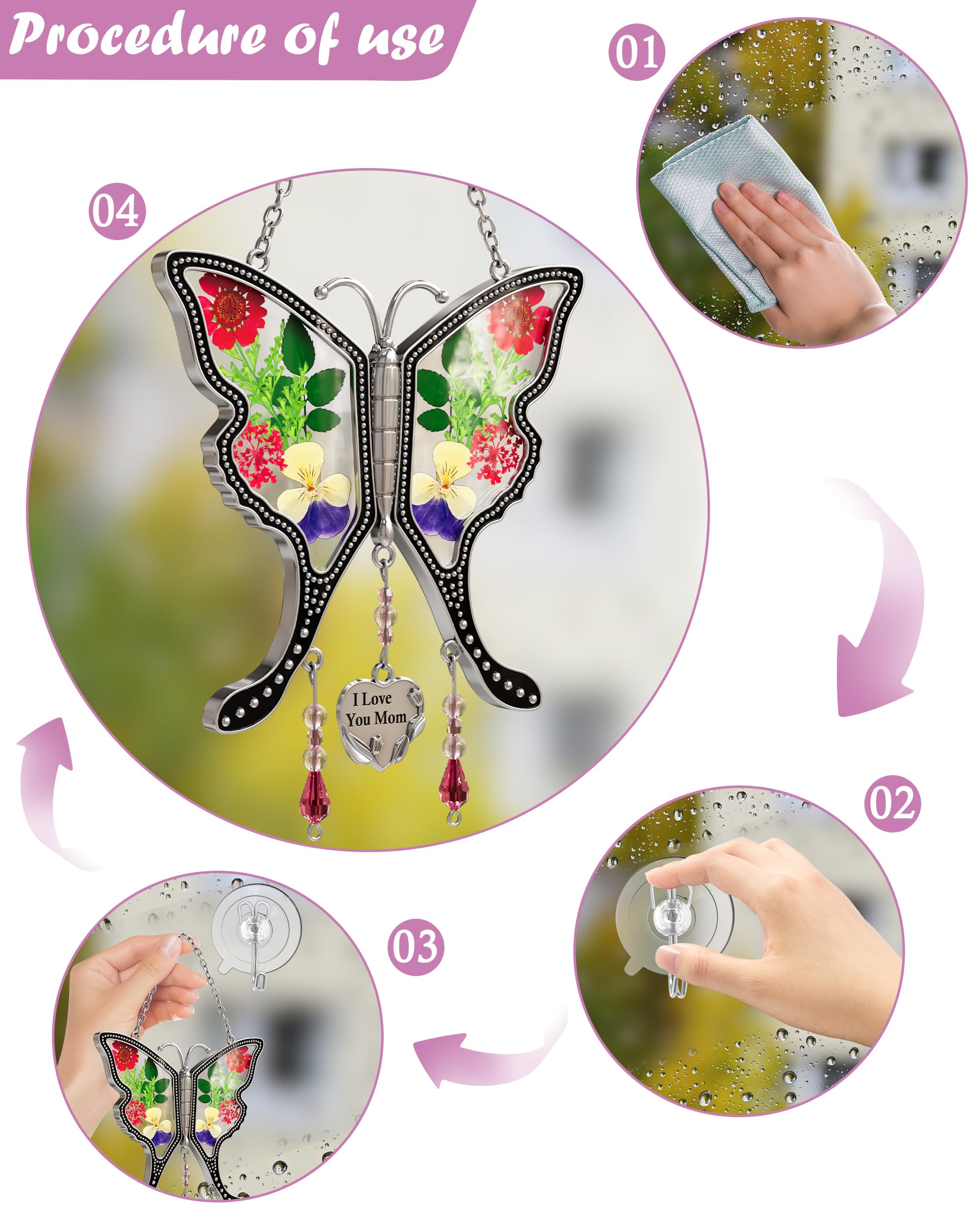 KY&BOSAM Real Flower Pressed Butterfly Suncatcher - Stained Glass with Silver Heart Charm, Unique Mother's Day Gift, Birthday Present for Mom, Valentine's Day Keepsake | Window Decor, Home Garden Ornament, Thoughtful Gift for Wife & Grandma