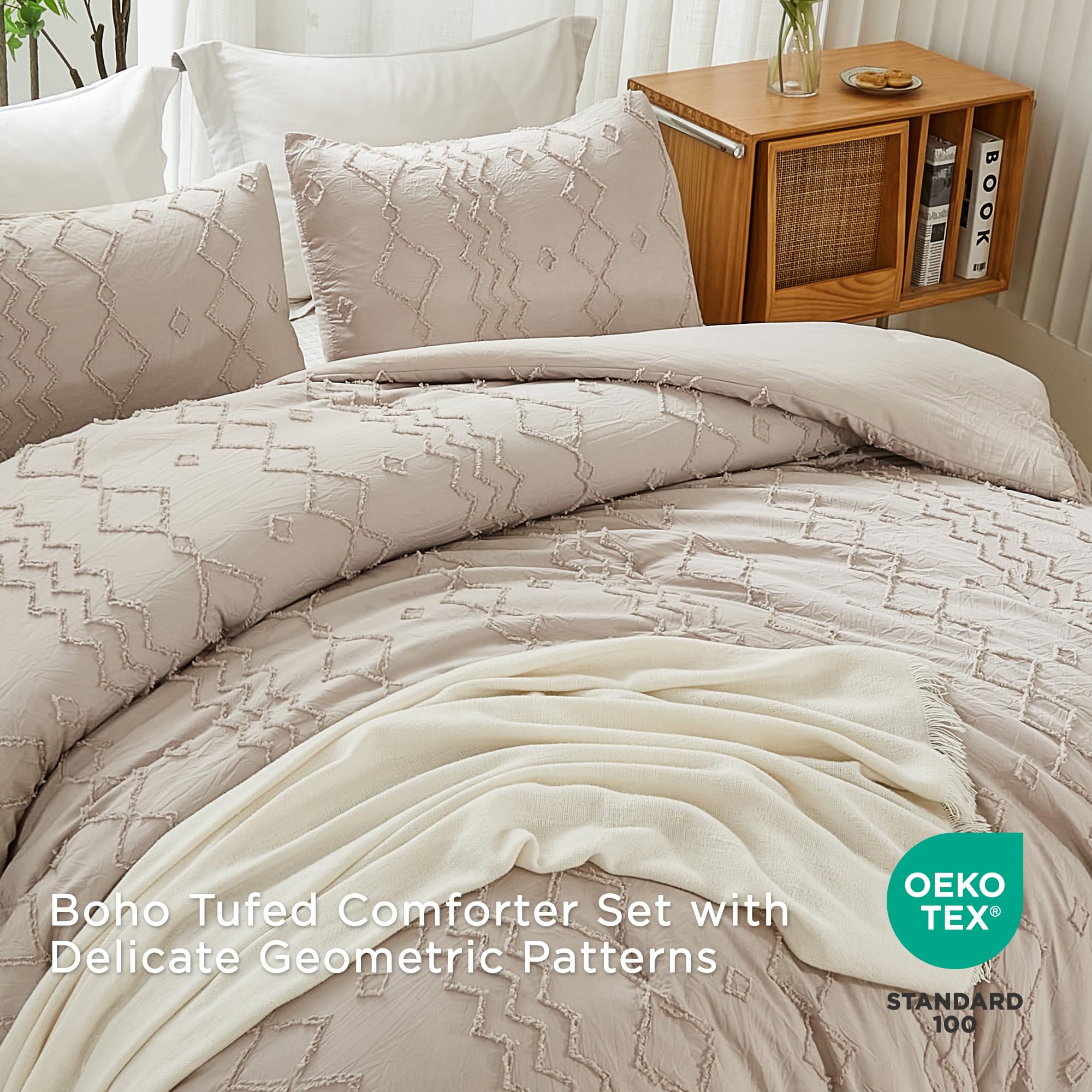 **Andency Khaki Tufted Comforter Set Full (79x90 Inch) - 3 Piece Boho Farmhouse Bedding with Geometric Design, Microfiber Down Alternative - Perfect for Cozy Bedrooms & Guest Rooms**