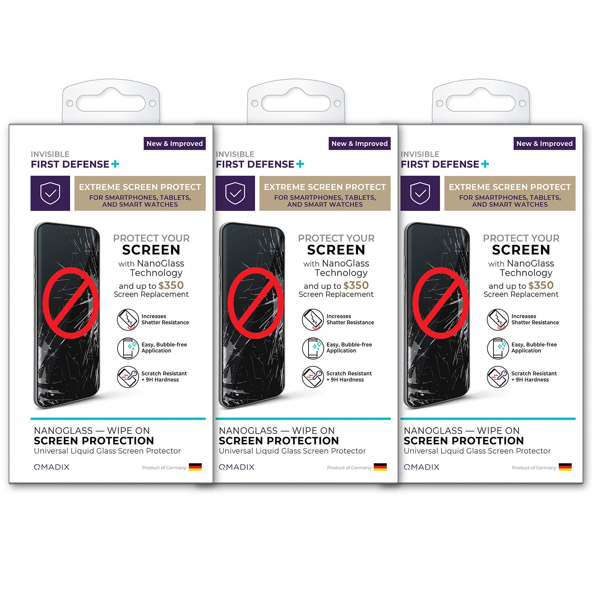 QMADIX Nano Liquid Glass Screen Protector - Invisible First Defense for iPhone, Samsung Galaxy, iPad, Smart Watches & All Phones (3-Pack) | Scratch & Impact Protection for Daily Use, Travel & Outdoor Activities