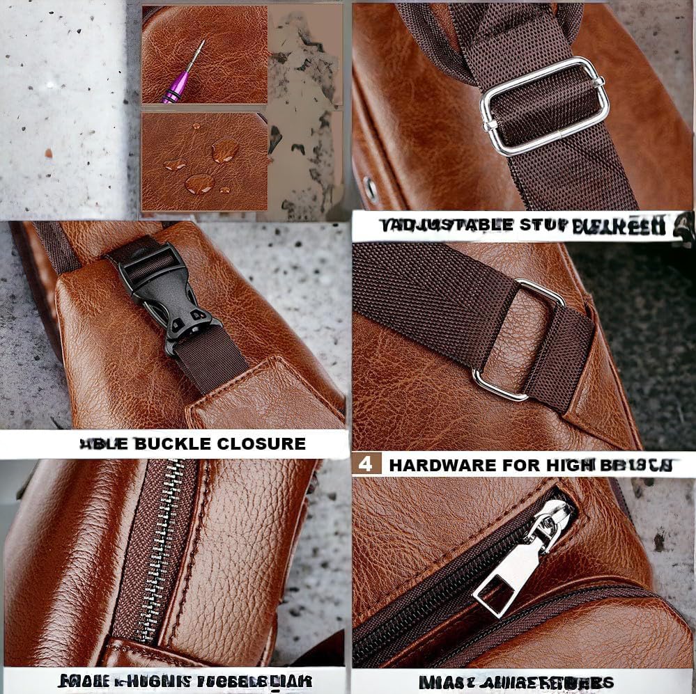Premium Genuine Leather Sling Bag for Men & Women - Adjustable Crossbody Chest Bag with USB Charging Port - Stylish Unisex Travel Backpack for Daily Commute, Weekend Outings & Outdoor Adventures