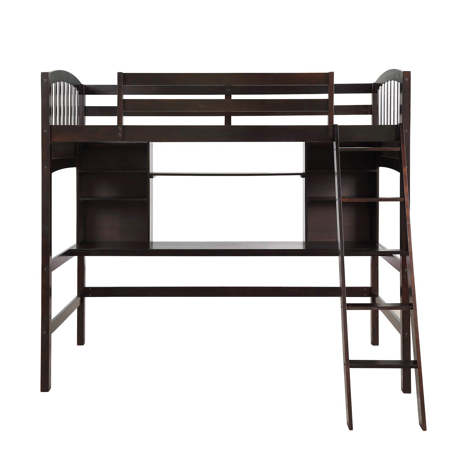 **Twin Size Solid Wood Loft Bed with Angled Ladder, Desk, Storage Shelves & Bookcase - Sturdy Safety Guard Rail, No Box Spring Needed - Perfect for Kids, Teens & Small Spaces**