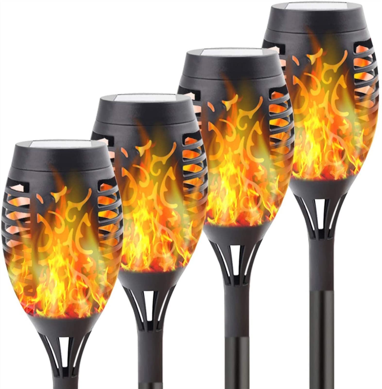 Solar Flame Torch Lights - 4 Pack Small Outdoor LED Solar Lights with Flickering Dancing Flame Effect, Waterproof Garden & Pathway Lighting for Yard, Lawn, Patio, Landscape Decoration (Perfect for Backyard Parties & Pathway Illumination)