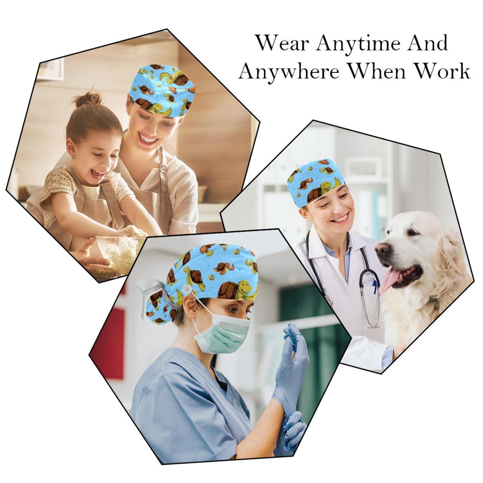 Premium Unisex Mermaid Scrub Hats for Women & Men - 2 Pack Long Hair Working Caps with Button Closure & Sweatband - Ideal for Nurses, Doctors, Chefs & Healthcare Professionals
