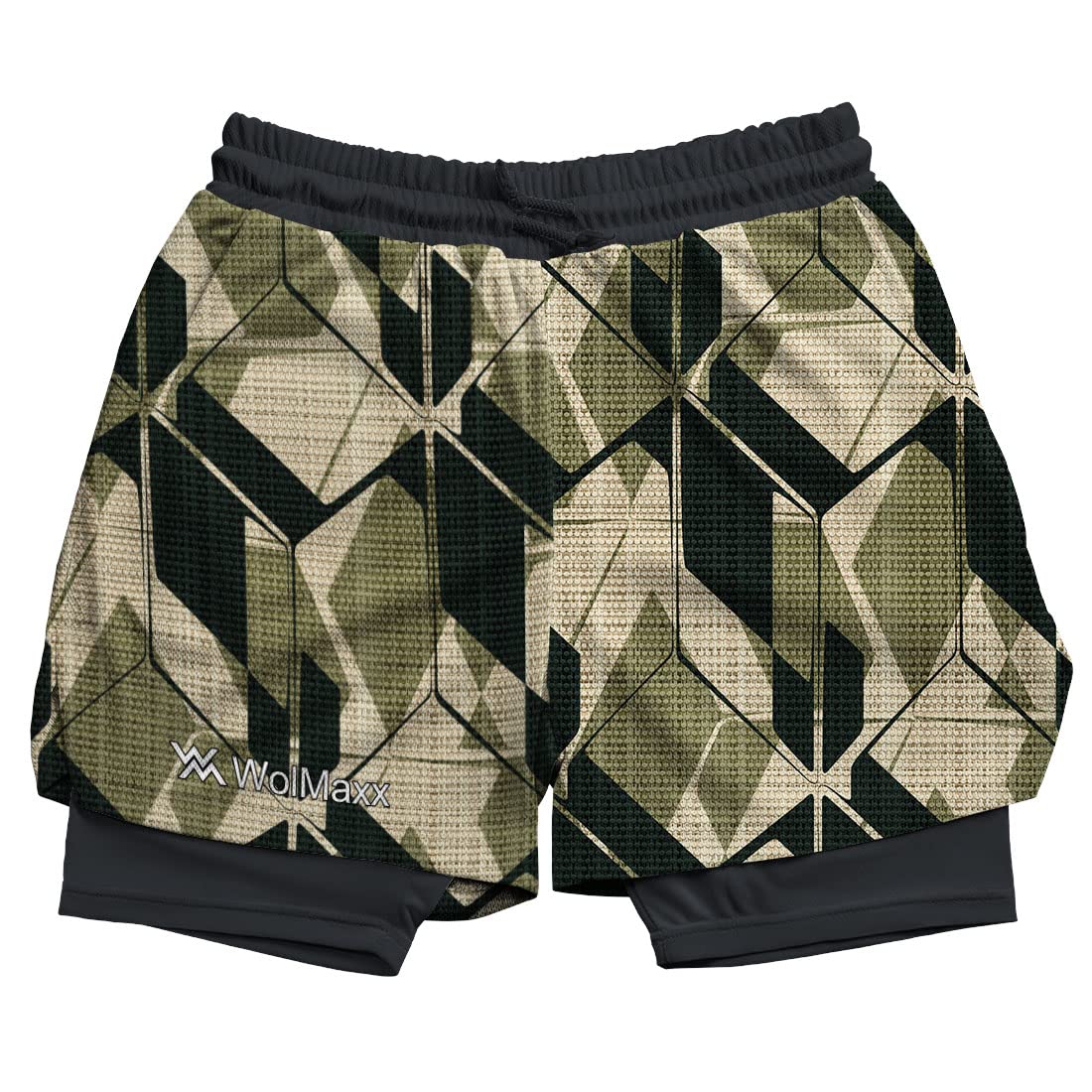 WolMaxx Men's Running Shorts - Cube Geometric Green Camo Military Design, 2-in-1 Athletic Shorts with Compression Liner & Pockets - Perfect for Jogging, Gym Workouts & Outdoor Sports