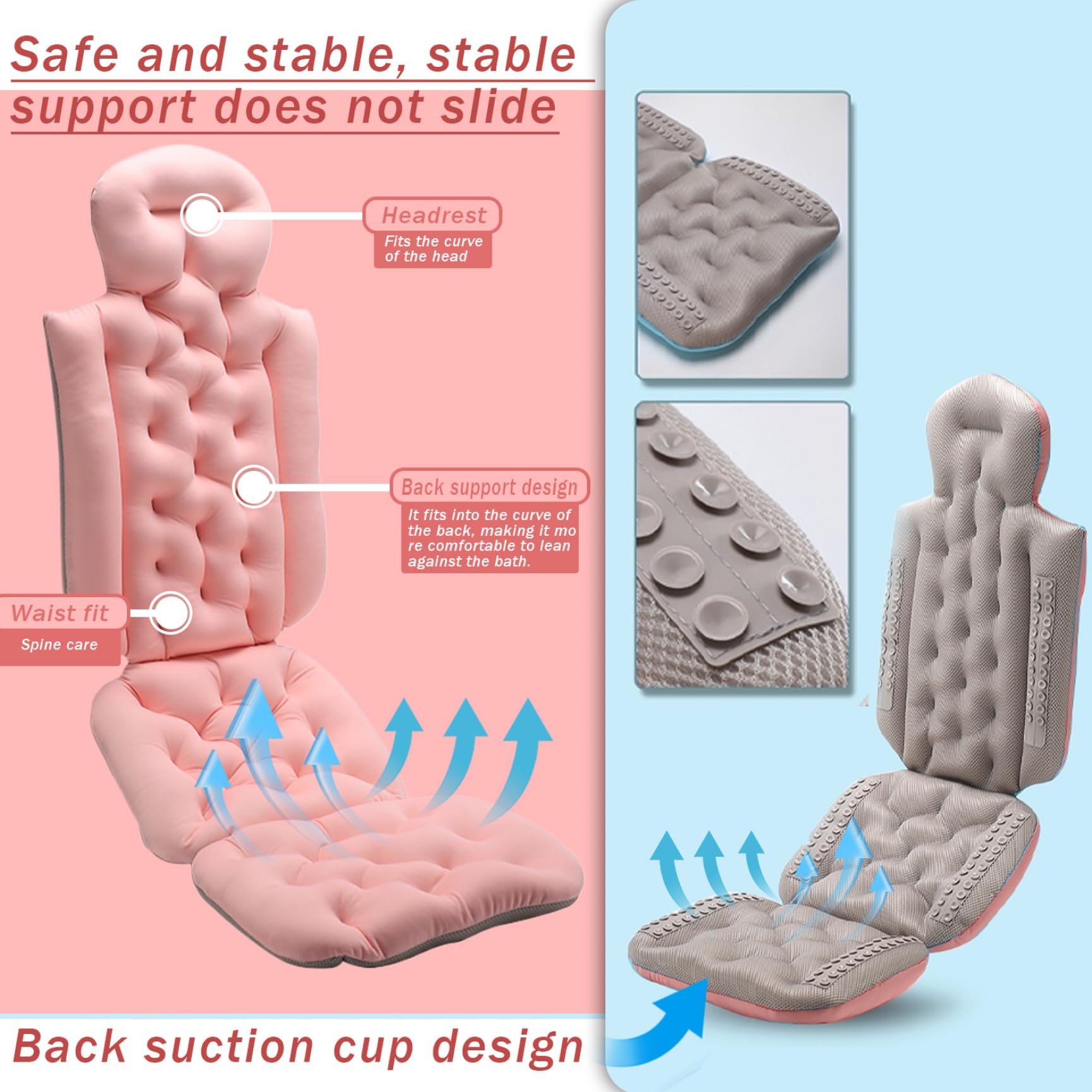 Full Body Bath Pillow with Soft Suction Cups - Non-Slip, Quick Drying & Breathable Bathtub Cushion - Foldable Design for Ultimate Relaxation in Bath, Spa, or Jacuzzi