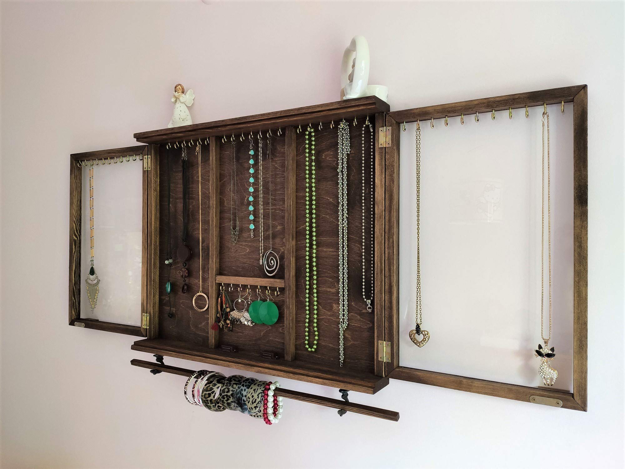 Large Solid Wood Jewelry Cabinet with Glass Door - Wall Mounted Earring Organizer & Necklace Display - Perfect for Bracelets, Rings & Jewelry Storage - Elegant Chocolate Finish - Ideal for Bedroom, Closet or Dressing Room Organization