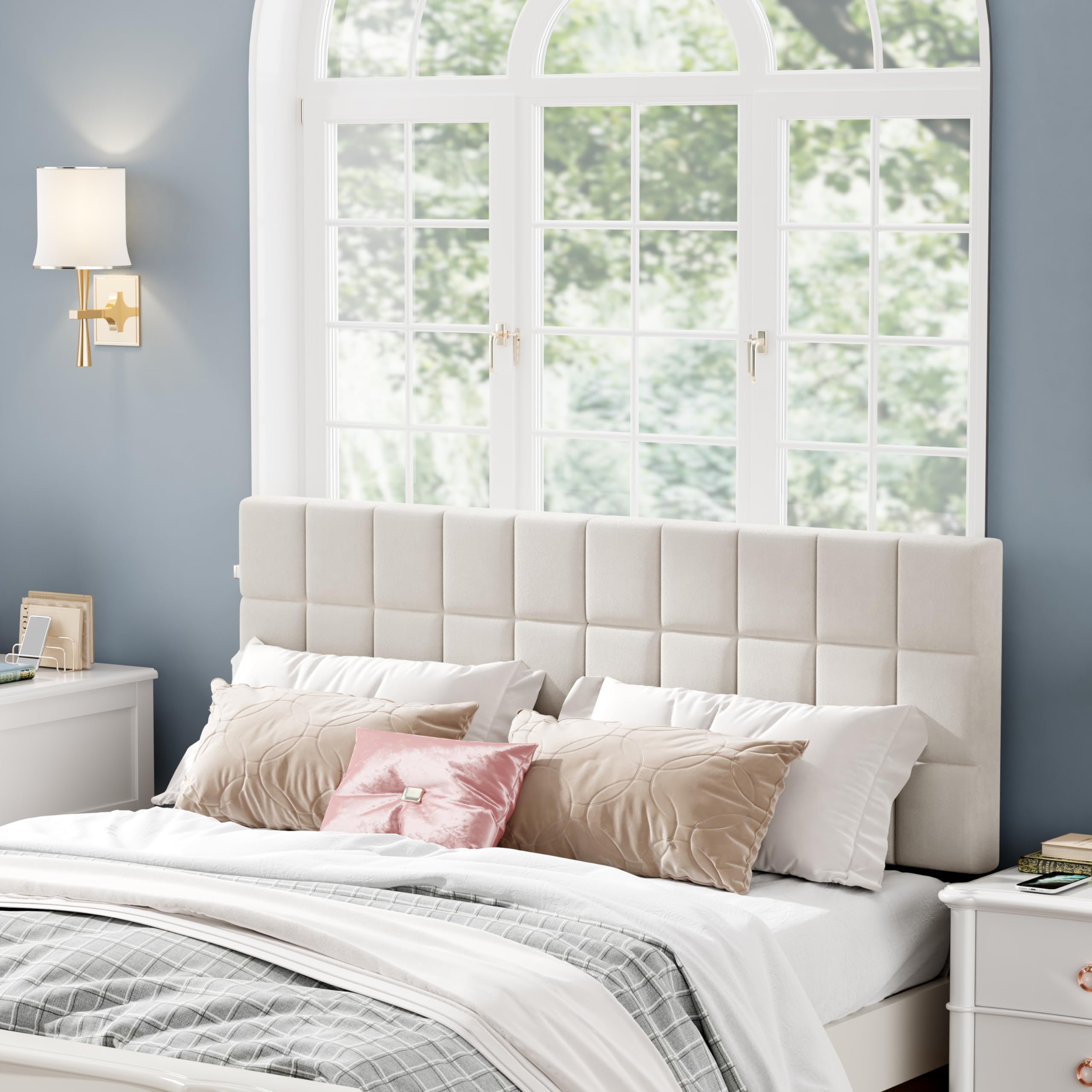 Andeworld Velvet Upholstered Tufted King Size Headboard with Metal Legs - Adjustable Height 42