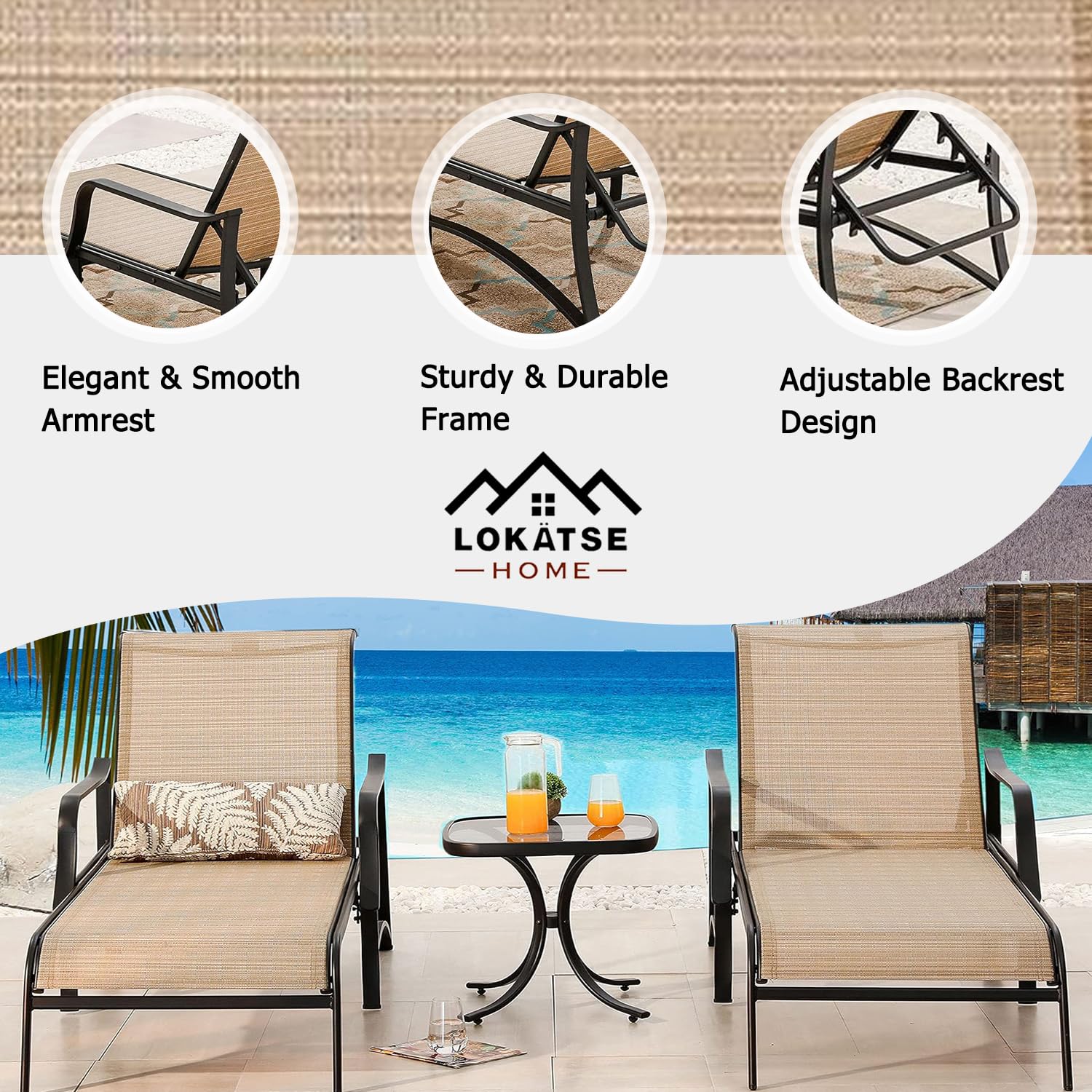 LOKATSE HOME 3-Piece Outdoor Chaise Lounge Set - Adjustable Steel Frame Patio Pool Chairs with Coffee Table - Perfect for Backyard, Garden, and Poolside Relaxation