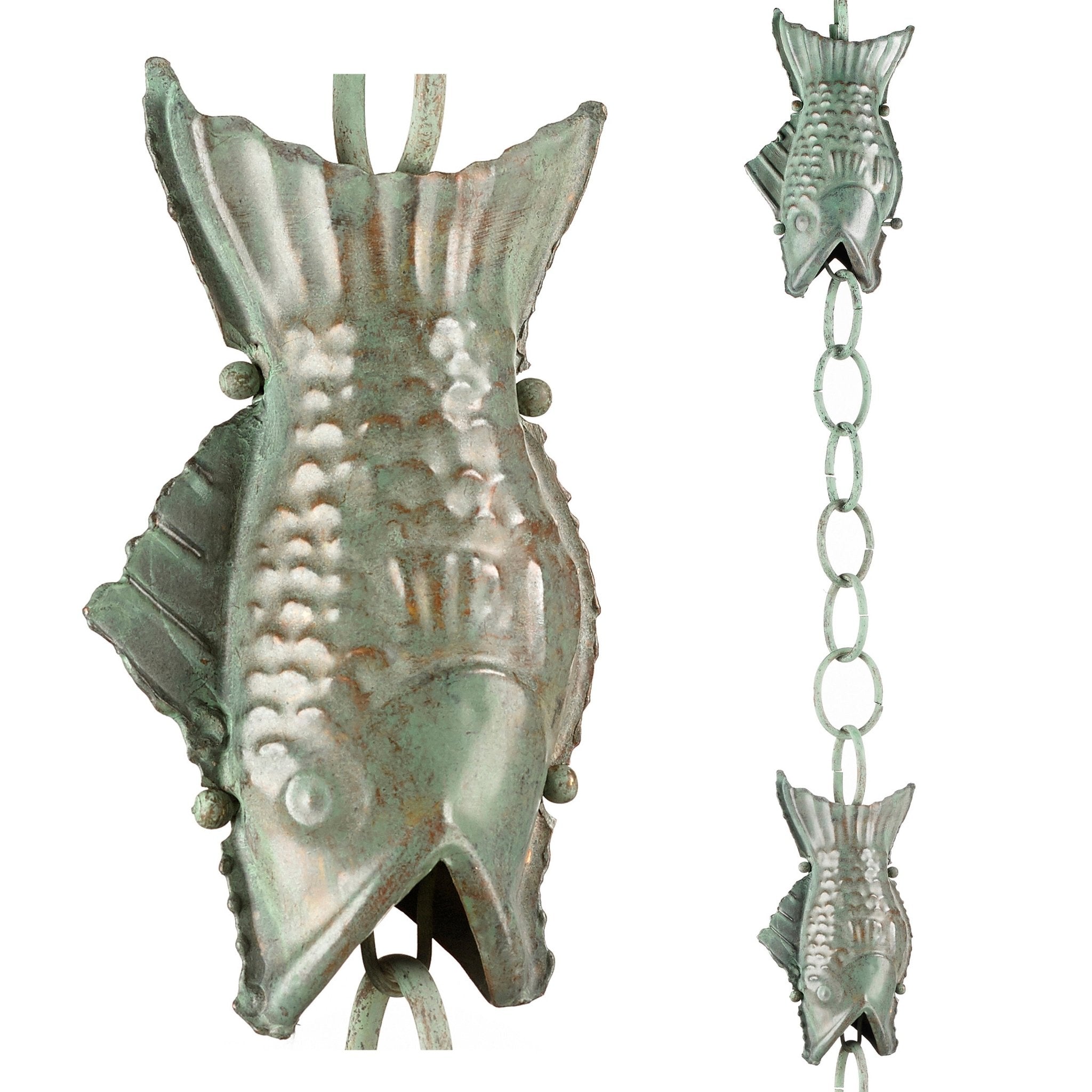 Verde Fish Rain Chain - 8.5 ft Decorative Garden Water Chain with 4 Large Handcrafted Figures | Perfect for Outdoor Patio, Yard Drainage & Zen Water Feature Decor