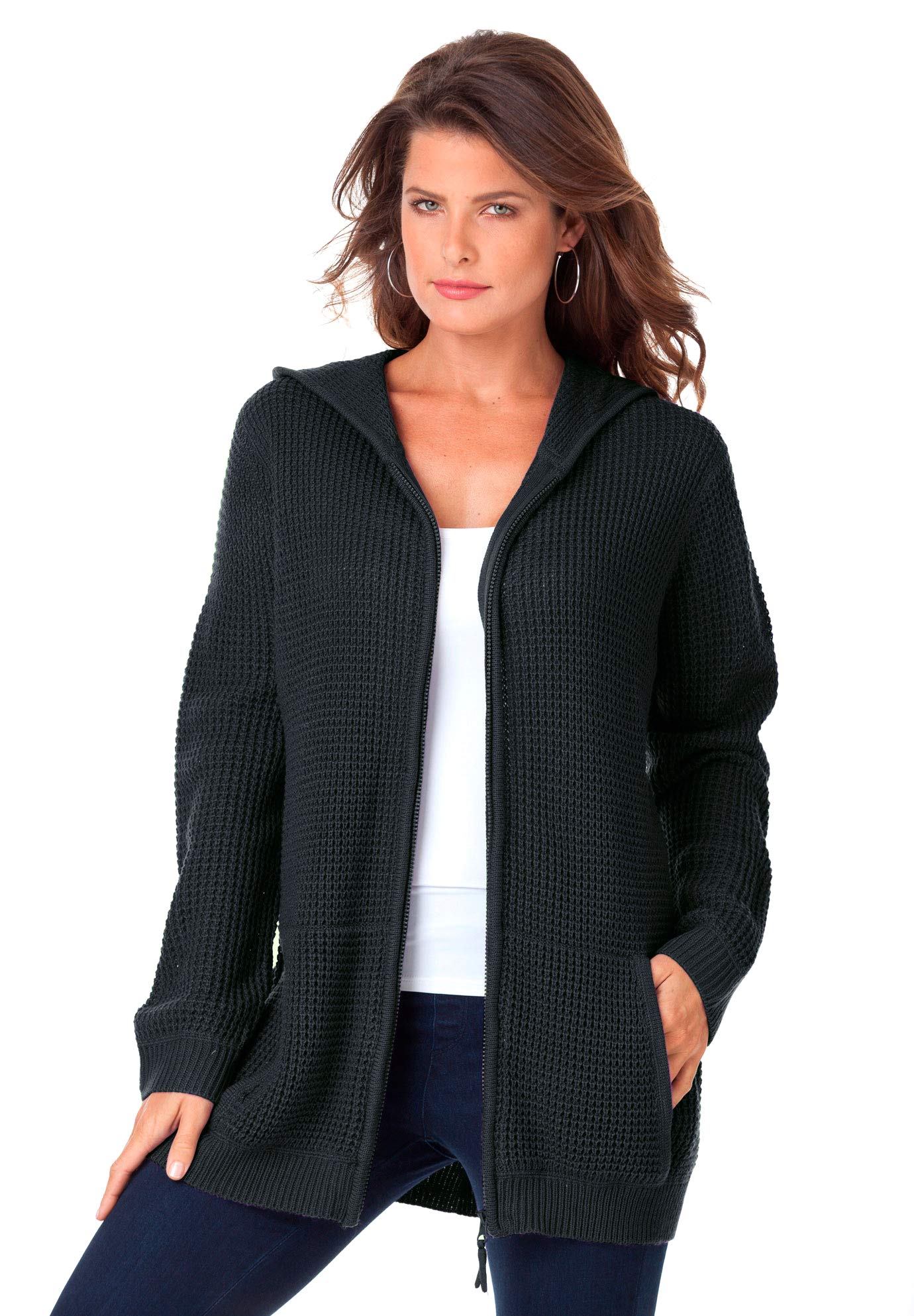 Roaman's Women's Plus Size Thermal Waffle Hoodie Zip-Up Cardigan Jacket - Cozy Winter Layering for Work & Casual Outfits