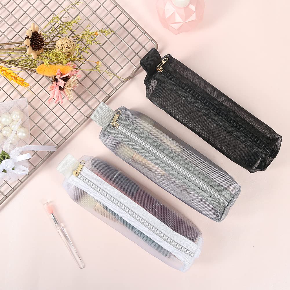 Mesh Makeup Brush Bag Set - 3Pcs Portable Travel Cosmetic Pouches for Makeup Brushes, Small Items & Purse Organization | Waterproof Pencil Pouch for On-the-Go Beauty, School & Office Essentials