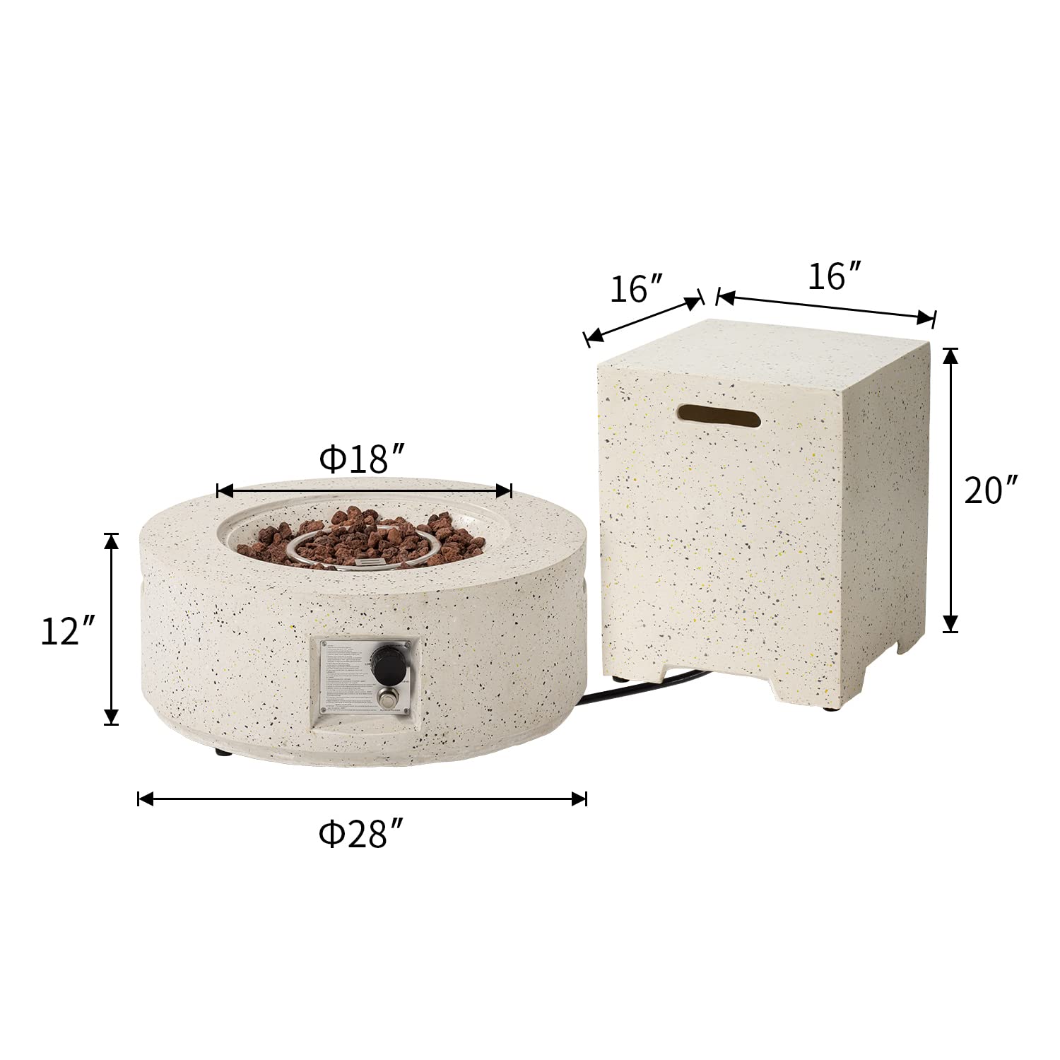2-Piece Outdoor Propane Fire Pit Table Set with 28-inch Terrazzo Round Fire Table (40,000 BTU) & 16-inch Tank Cover Side Table - Includes Waterproof Cover for Garden, Pool, Backyard & Patio - Perfect for Outdoor Entertaining, Camping & Relaxation