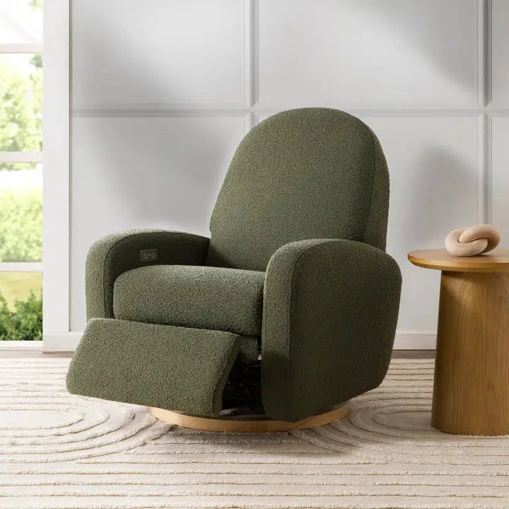 Babyletto Nami Electronic Glider & Recliner Chair - Luxe Olive Boucle Fabric with Light Wood Base | Nursery Gliding Chair for Breastfeeding & Baby Comfort