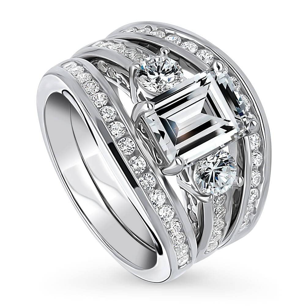 BERRICLE Sterling Silver 3-Stone Emerald Cut Cubic Zirconia Wedding Engagement Ring Set for Women - Rhodium Plated Size 4-10 - Elegant Anniversary Gift for Bride, Proposal & Special Occasions