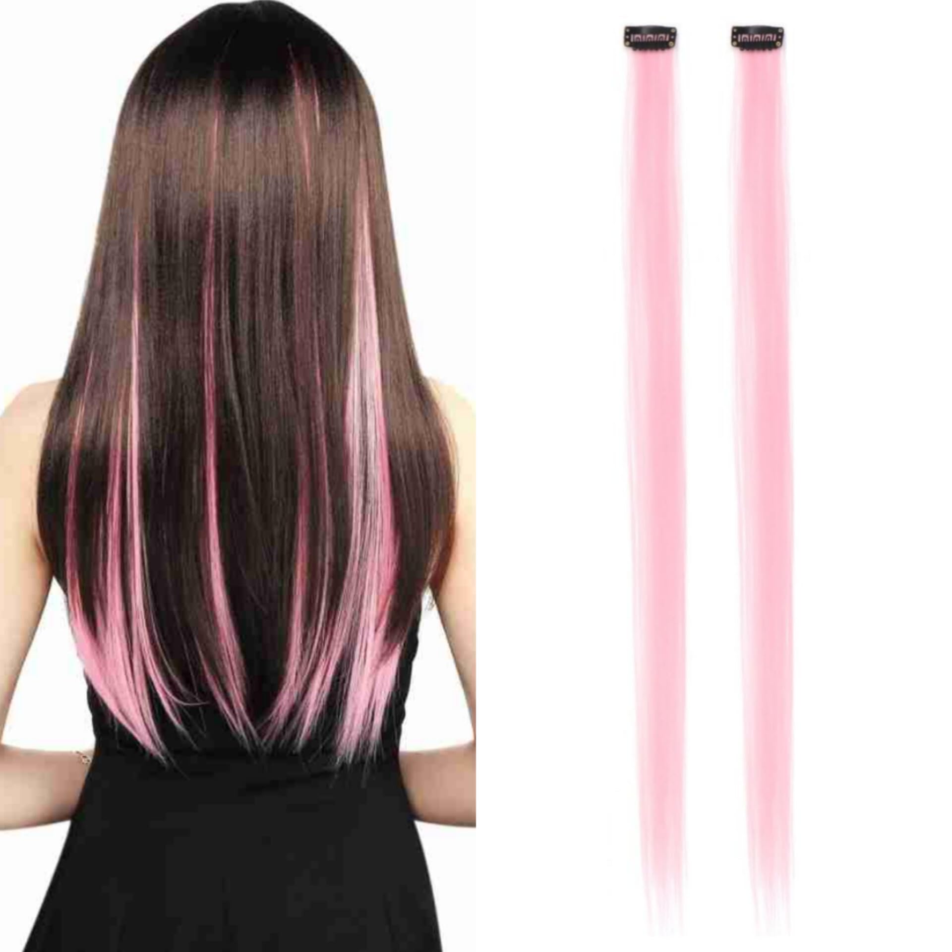 19-inch Baby Pink Colored Streak Hair Extensions for Women & Girls - Set of 2 | Clip-in Synthetic Hair Highlights for Parties, Cosplay & Daily Styling