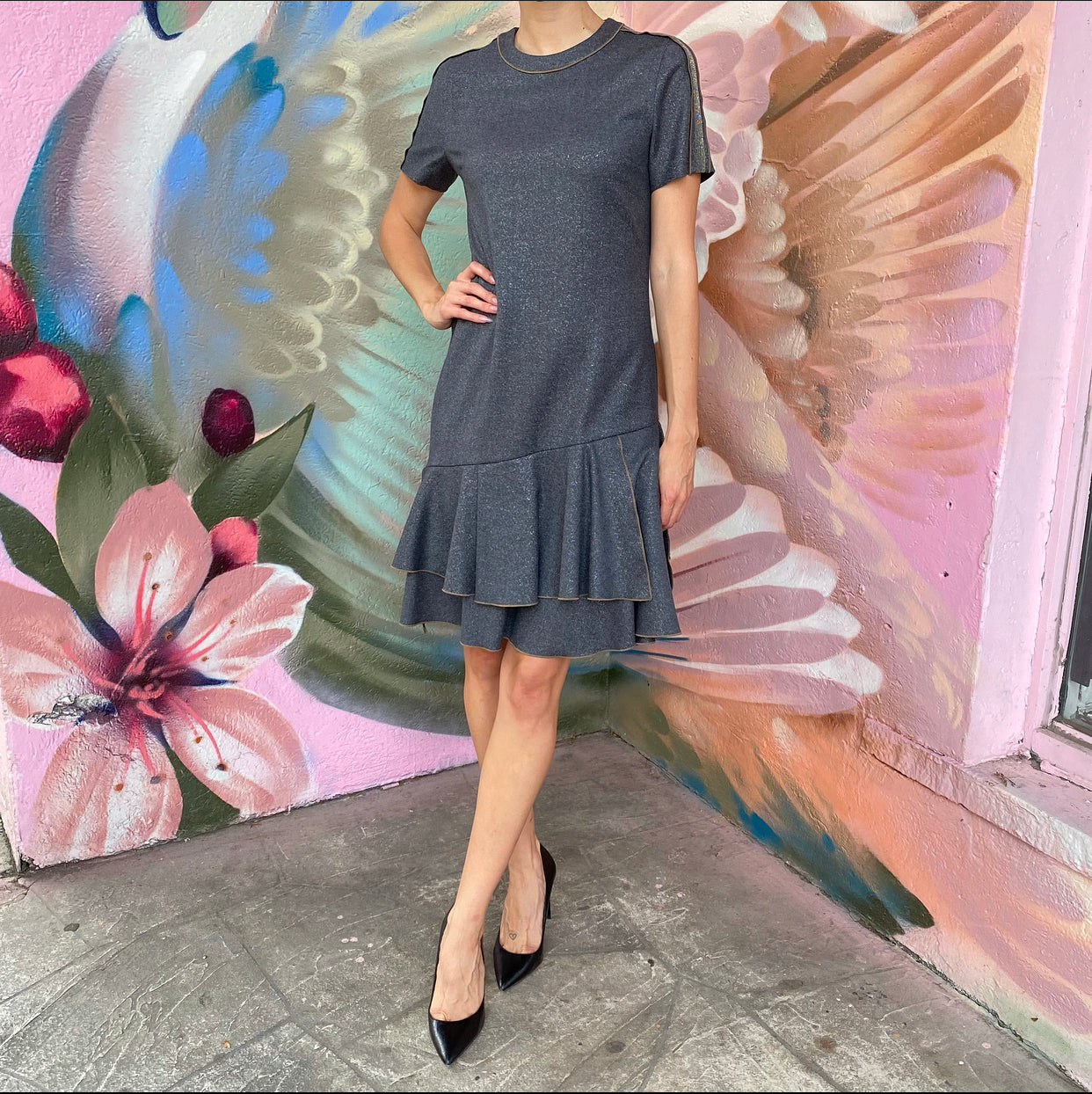 Brunello Cucinelli Grey Shimmer Short Sleeve Dress for Women - Elegant Monili Beaded Cocktail Dress for Parties & Special Occasions