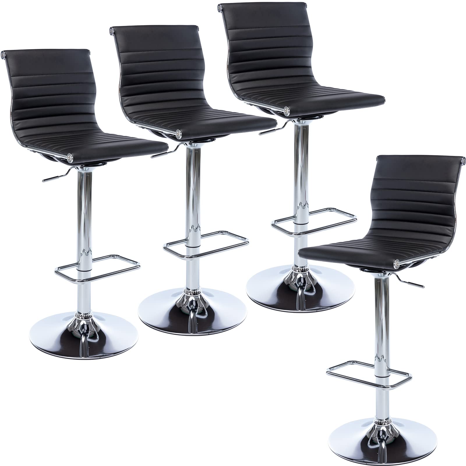 4-Pack Adjustable Height Metal Bar Stools - Modern Black PU Leather Armless Counter Stools with Chrome Base for Kitchen Island, Home Bar & Dining Room - Perfect for Entertaining & Small Spaces