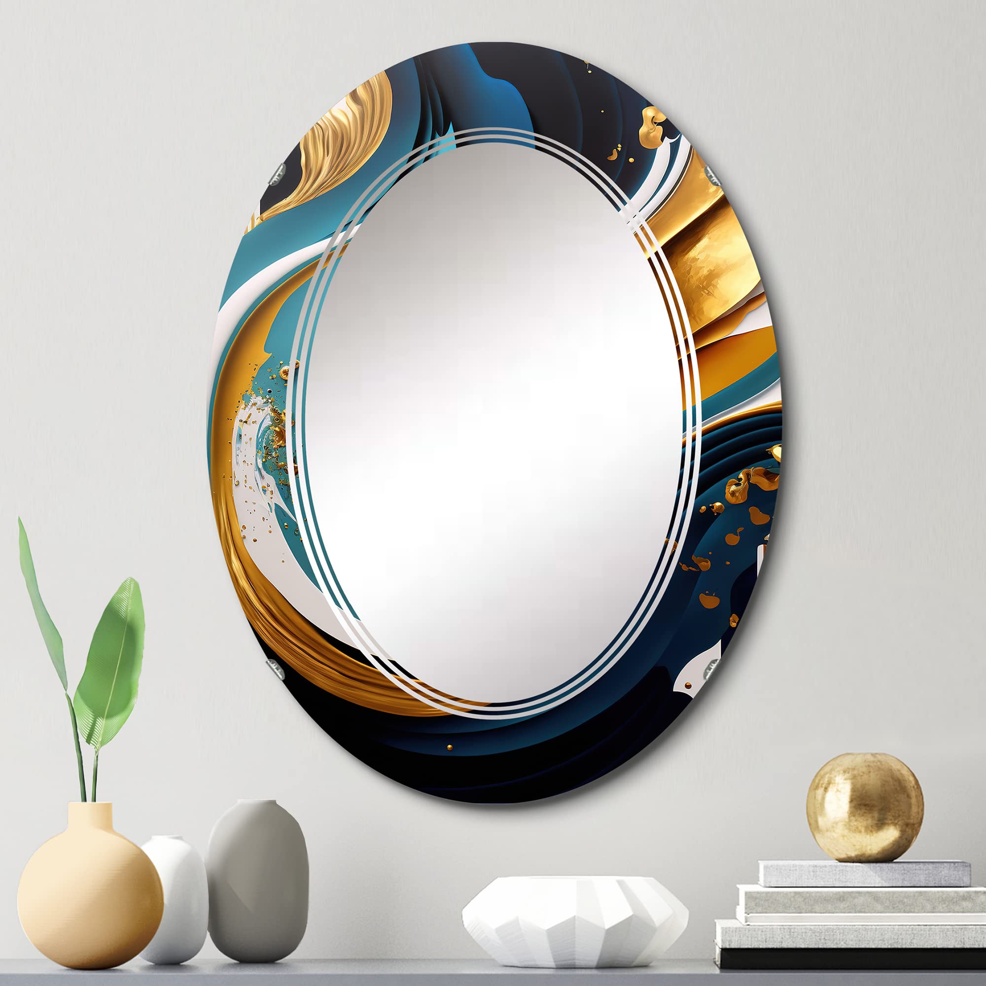 Blue and Gold Modern Abstract Art Vanity Mirror - Oval Bathroom & Wall Mirror for Living Room, Bedroom - Large 20x30 & 24x36 Inches - Perfect for Home Decor, Makeup Station & Accent Wall