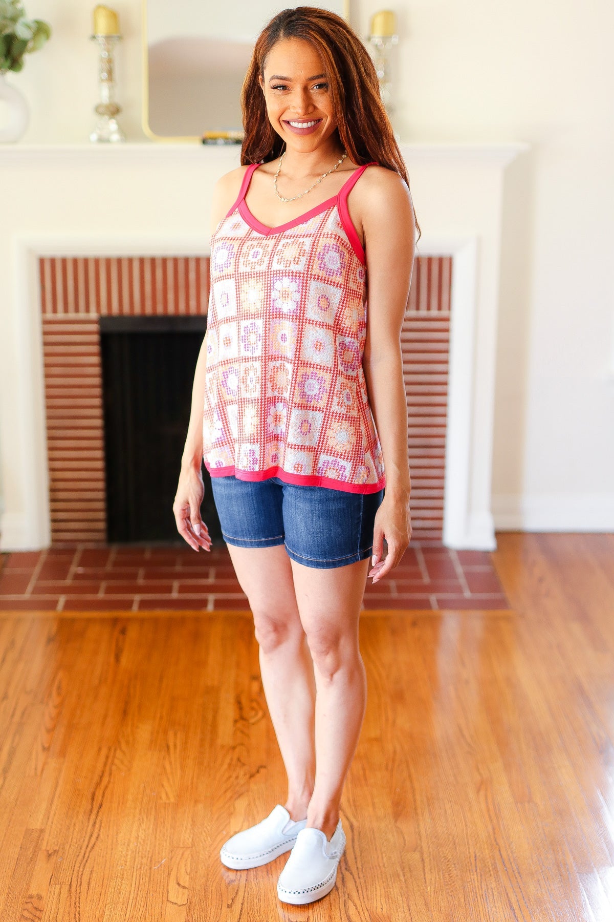 Coral Flower Power Waffle Knit Sleeveless Top for Women | Summer Beach Cover Up | Boho Chic Loungewear | Casual Outfit Essential