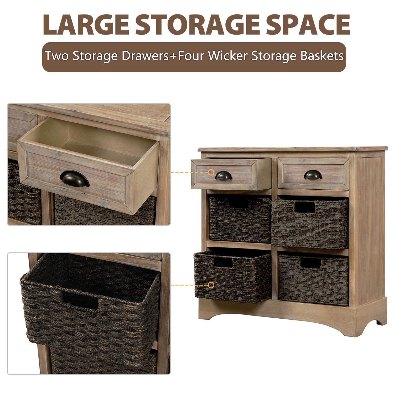Vintage Storage Cabinet with 2 Drawers & 4 Baskets - Home Organization for Kitchen, Living Room & Entryway