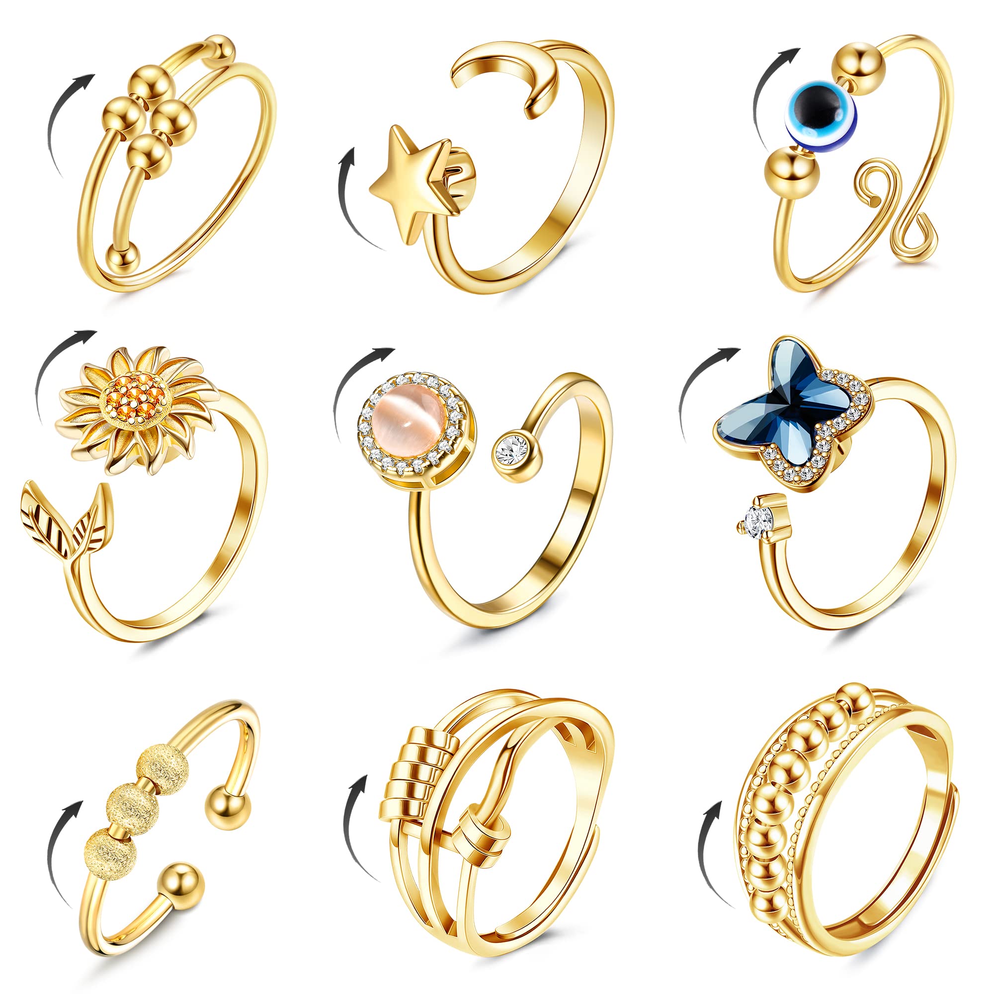 FIBO STEEL 9 Pcs Anxiety Relief Spinner Rings for Women & Men - Stress Relieving Rotatable Rings with CZ Flower Moon Star Design, Adjustable Size for Office, Travel & Daily Wear