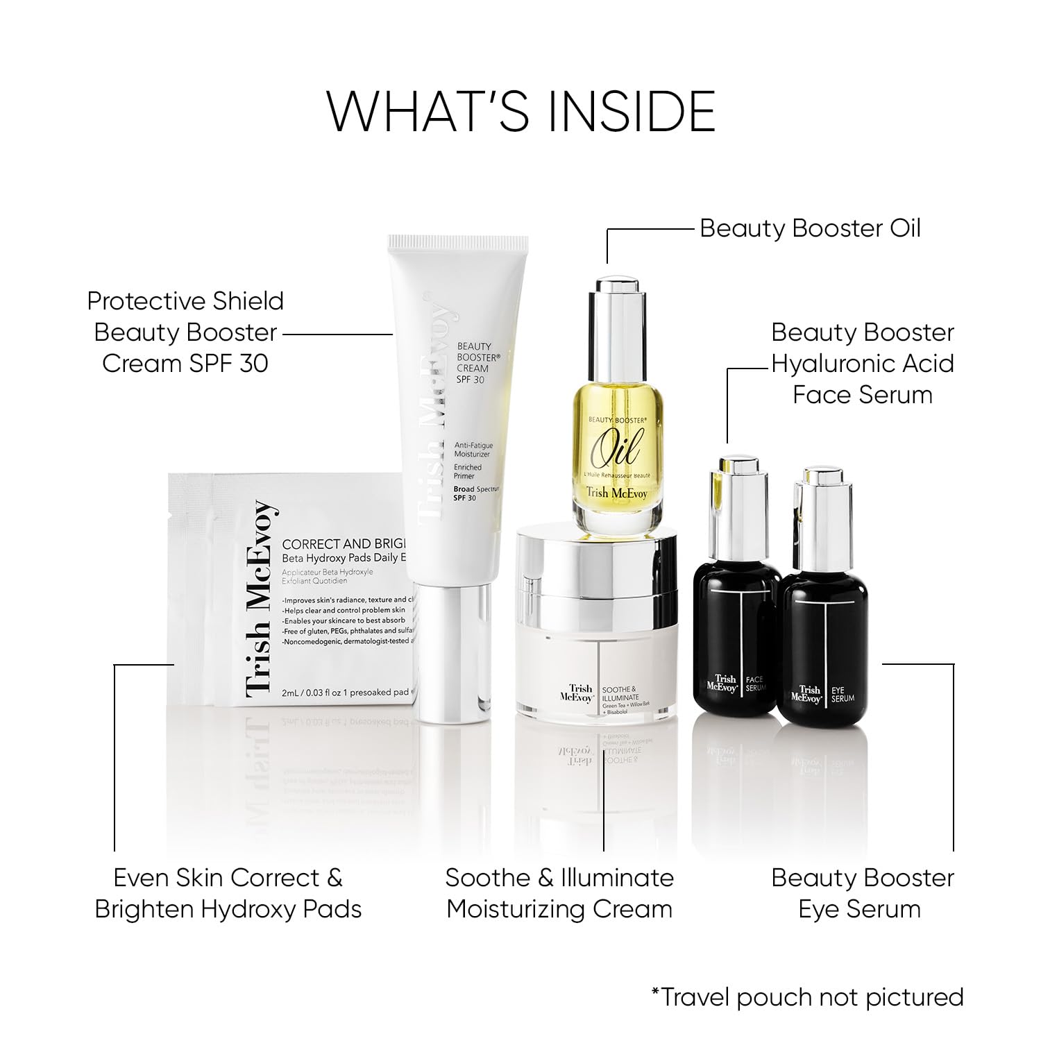 Trish McEvoy The Beauty Booster Travel Collection 6-Piece Set - Brightening Beta Hydroxy Pads, Anti-Aging Face Serum, Eye Serum, Nourishing Oil, Moisturizing Cream & SPF 30 | Perfect for Skincare Routine, Travel Essentials & Daily Beauty Regimen