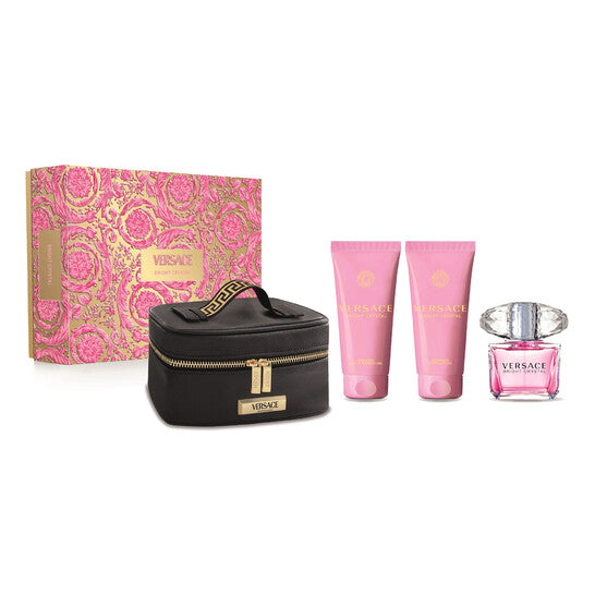 Versace Bright Crystal Women's 4-Piece Gift Set (3.0oz EDT Spray, 3.4oz Body Lotion, 3.4oz Shower Gel with Beauty Case) - Perfect for Birthday, Anniversary & Valentine's Day Gifts