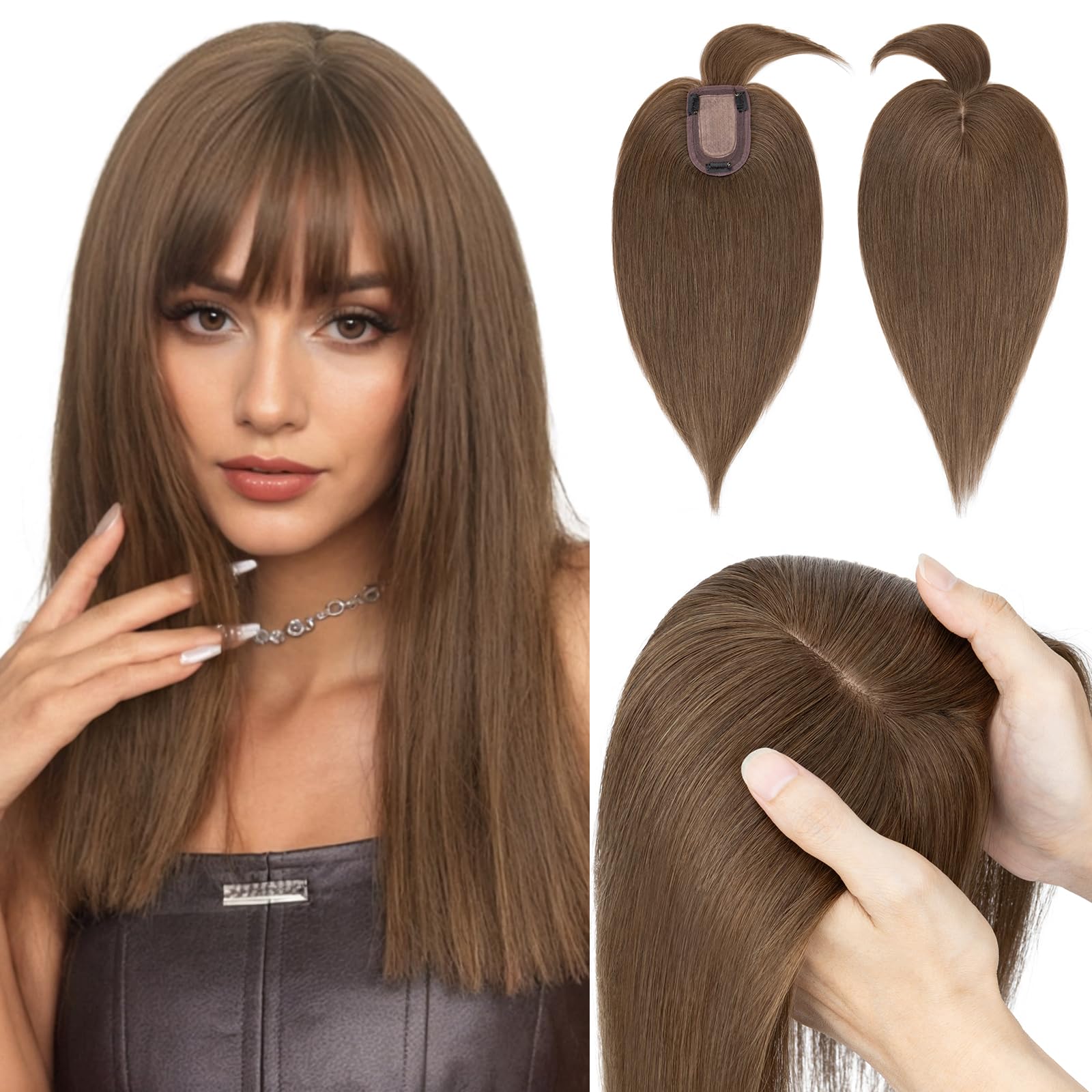 100% Human Hair Toppers with Bangs for Women - 14 Inch Mocha Brown Clip-in Hairpiece (2.8